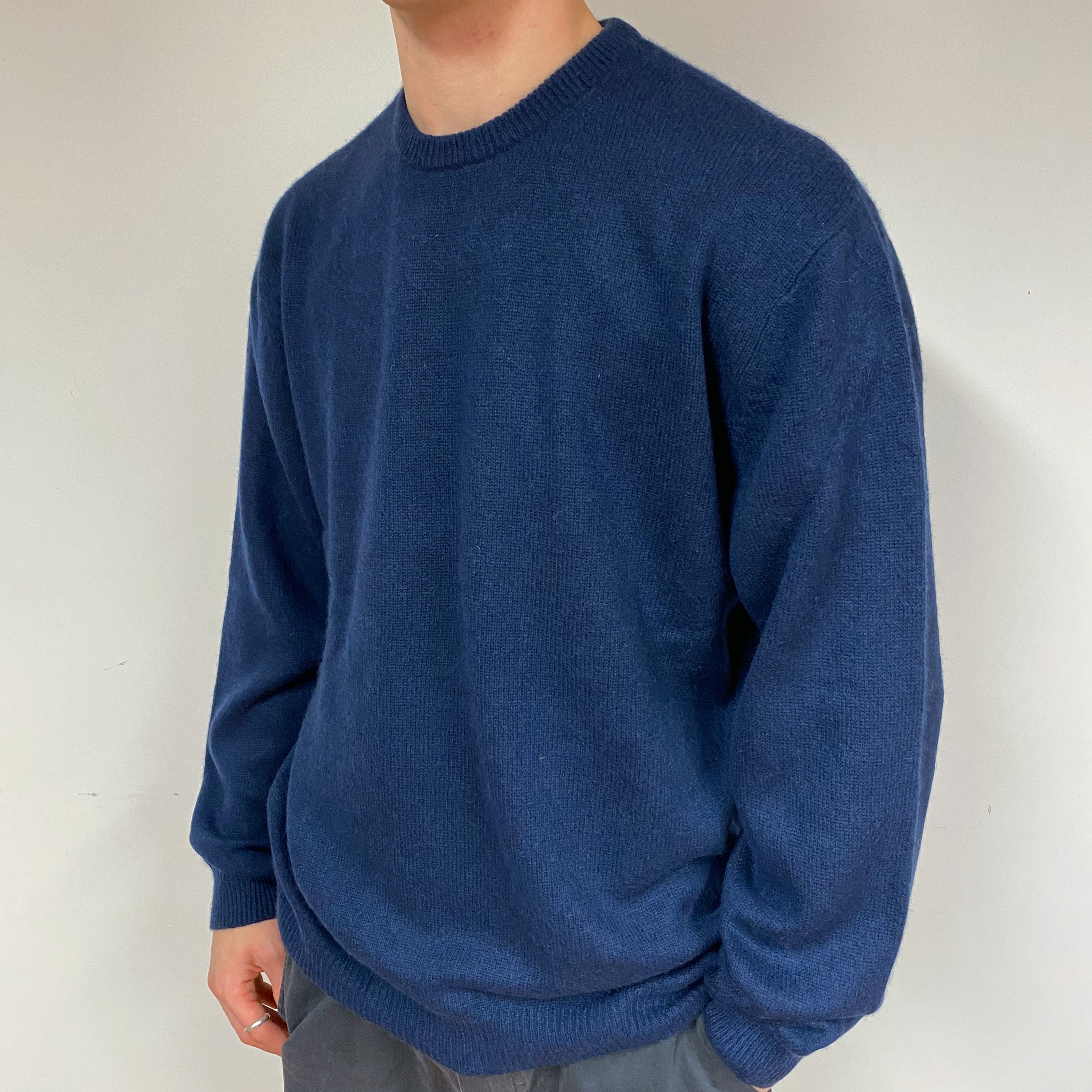 Men's Navy Blue Cashmere Crew Neck Jumper Large