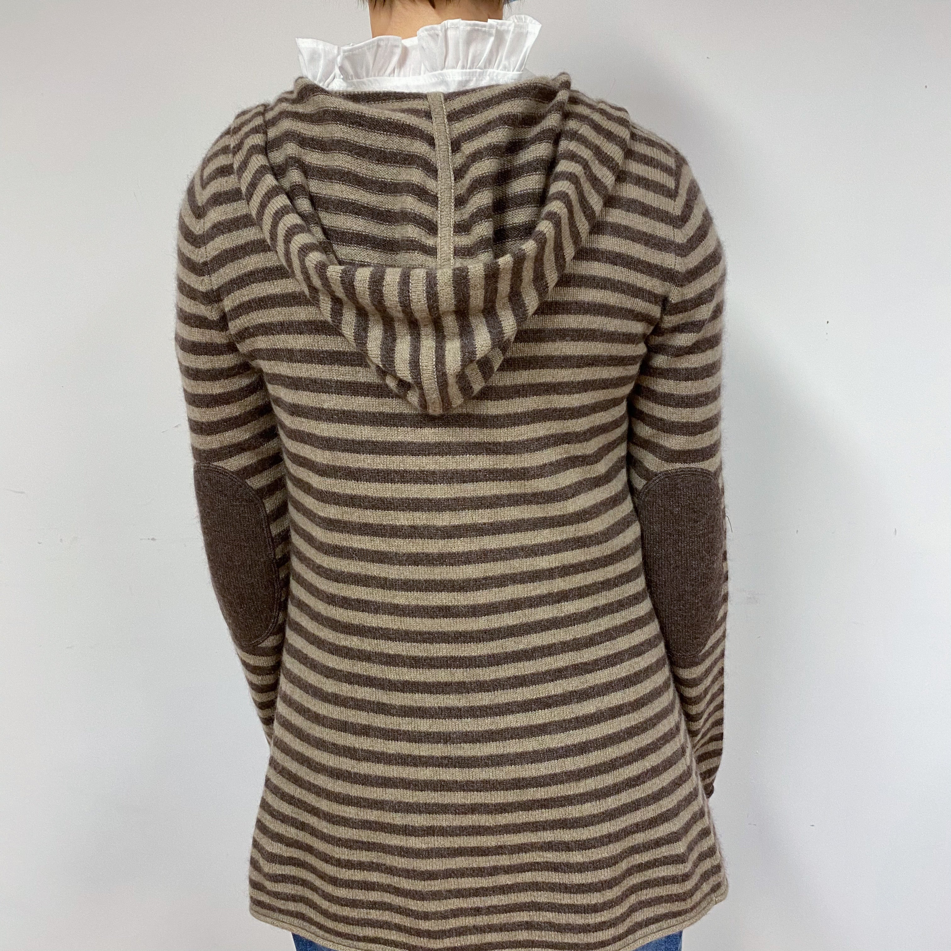 Brown Striped Hooded Cashmere Cardigan Small