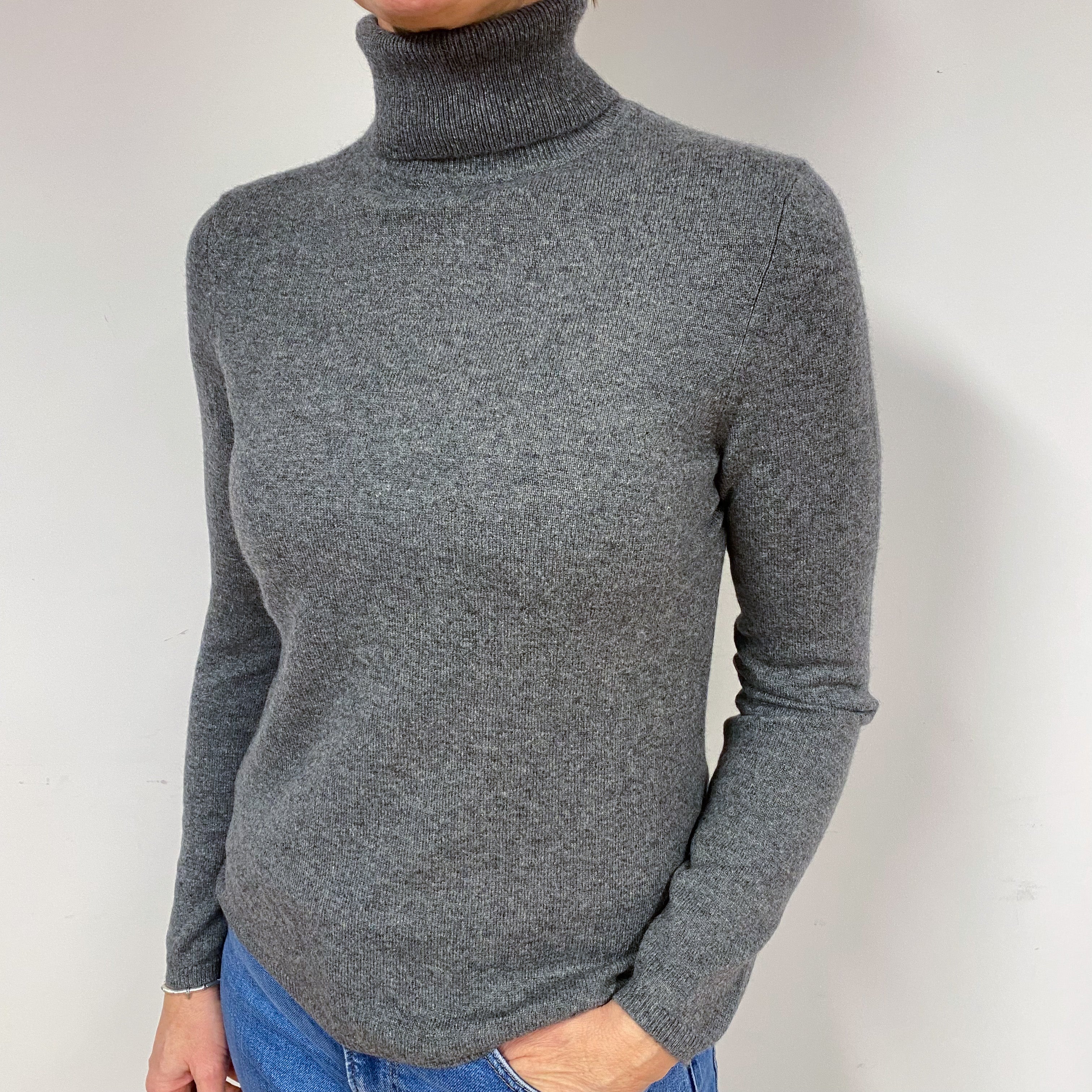 Steel Grey Cashmere Polo Neck Jumper Medium