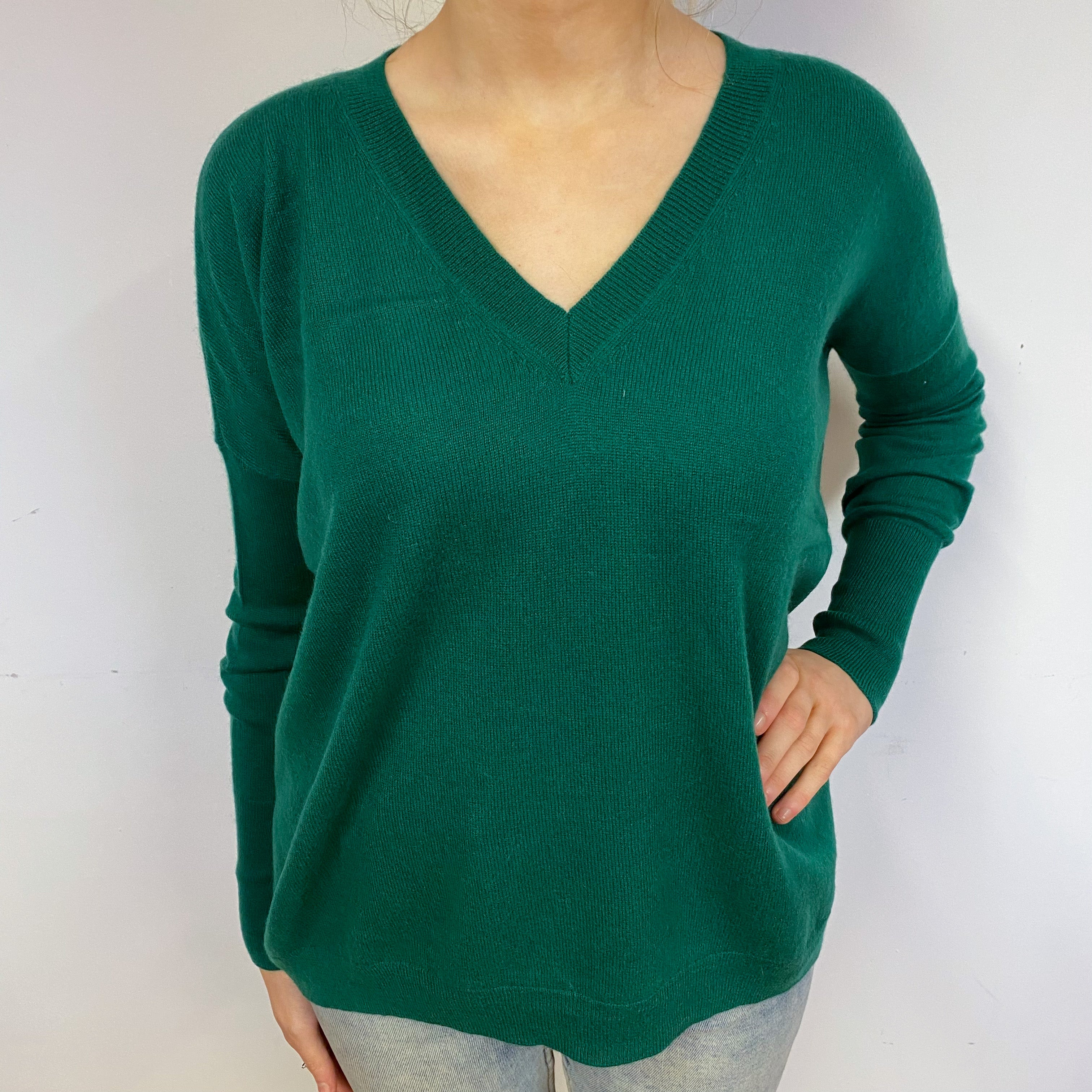 Slouchy Forest Green Cashmere V-Neck Jumper Small