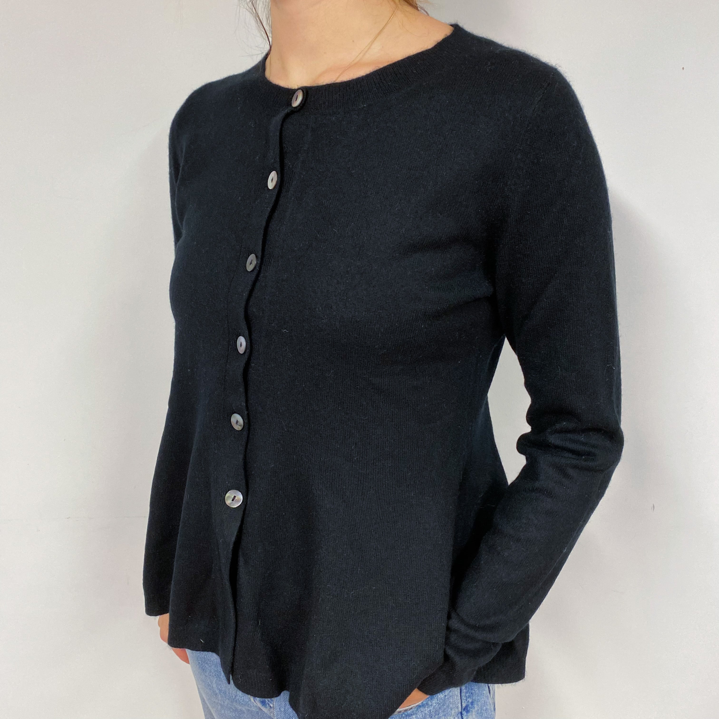 Black Frill Hem Cashmere Crew Neck Cardigan Small