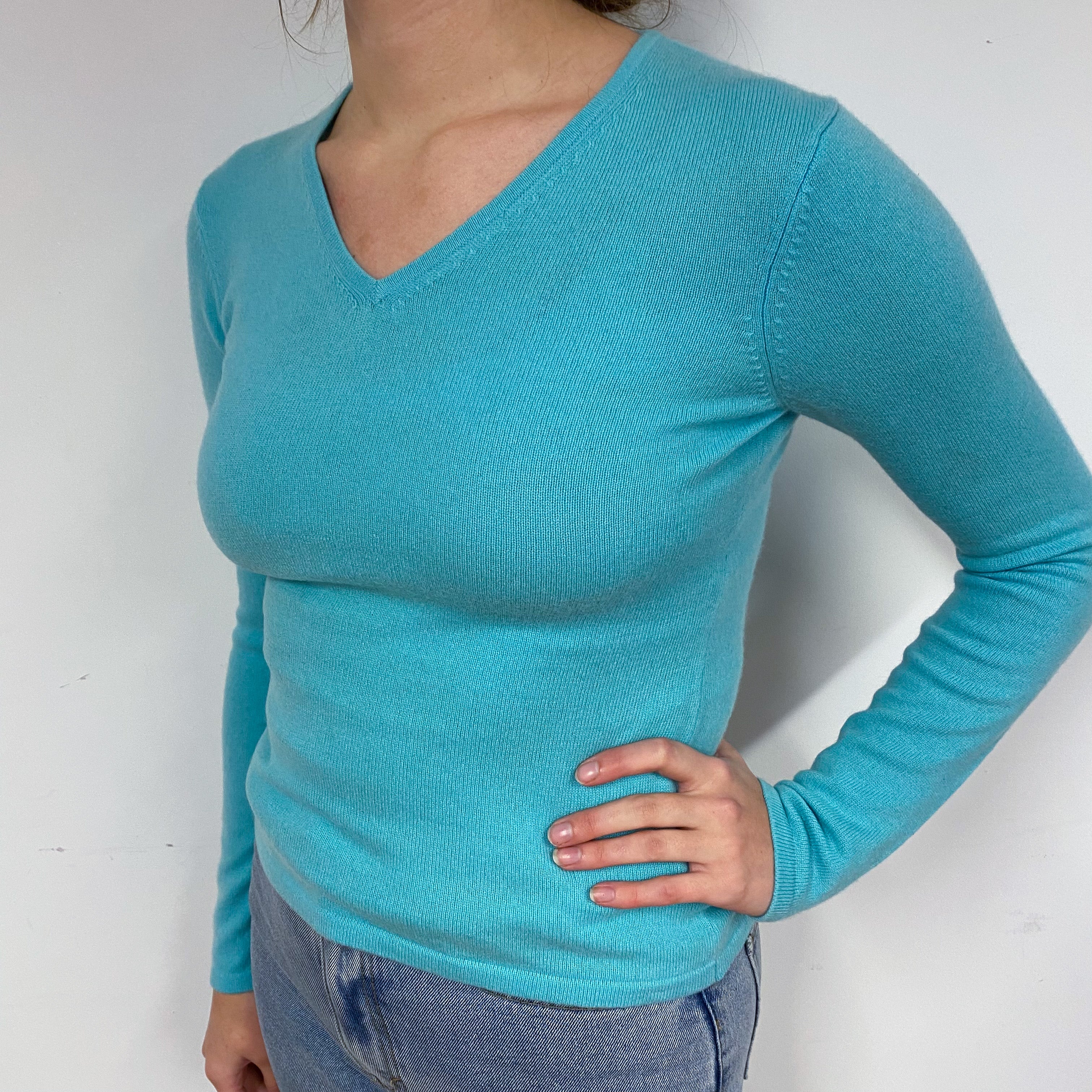 Aqua Green Cashmere V-Neck Jumper Small