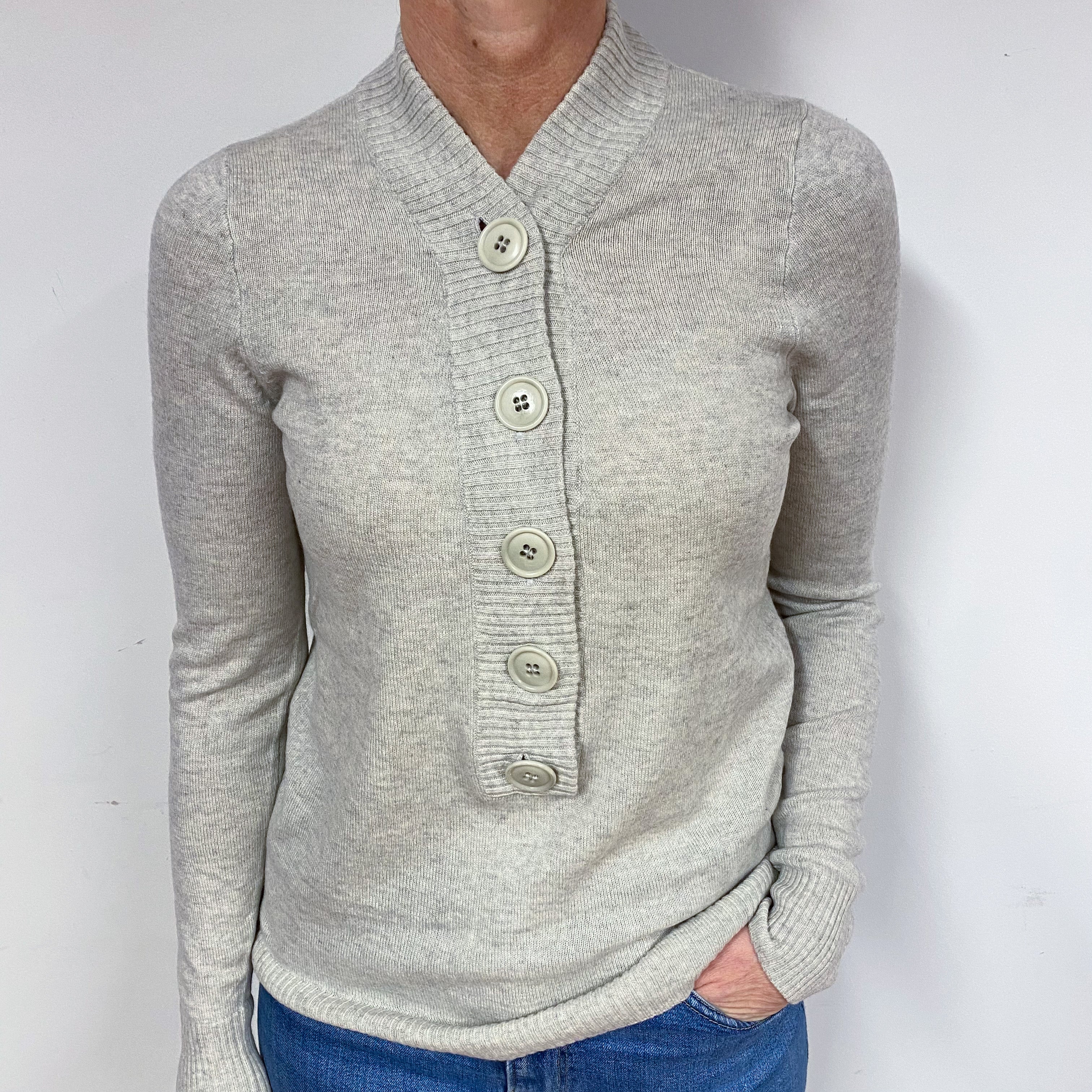 Mist Grey Buttoned Cashmere V-Neck Jumper Medium