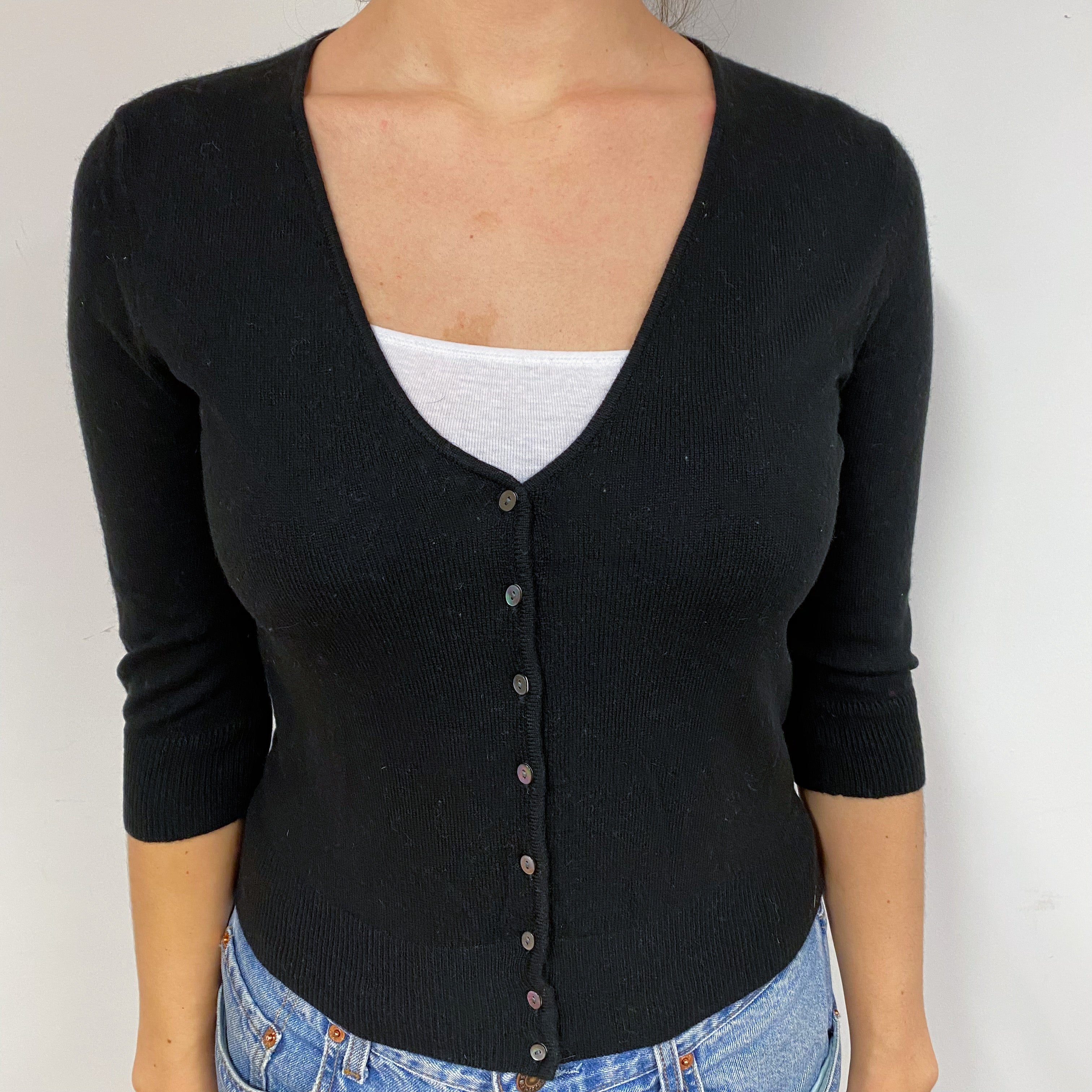 Black Cropped Cashmere V-Neck Cardigan Small