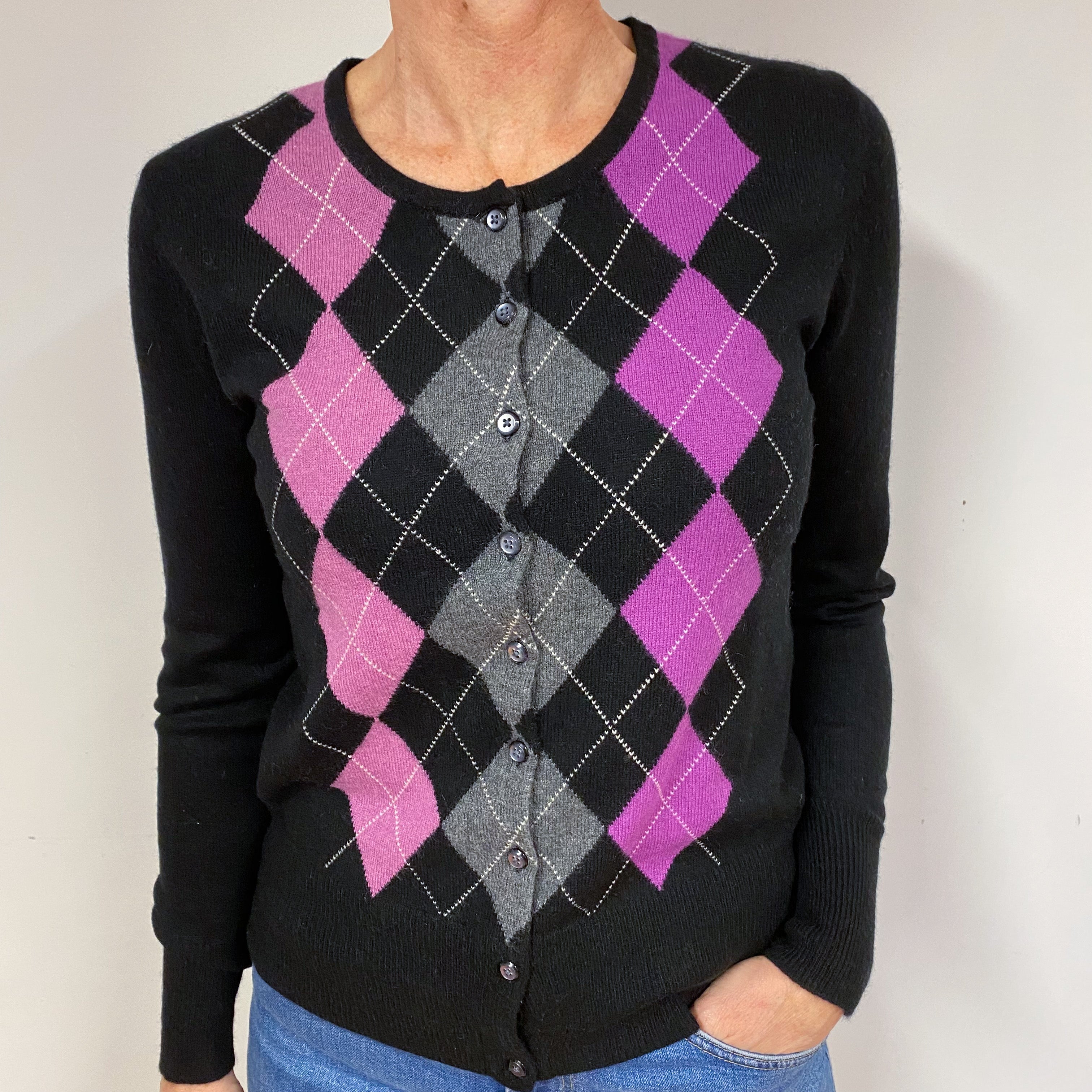 Black Magenta Diamond Cashmere Crew Neck Cardigan Medium