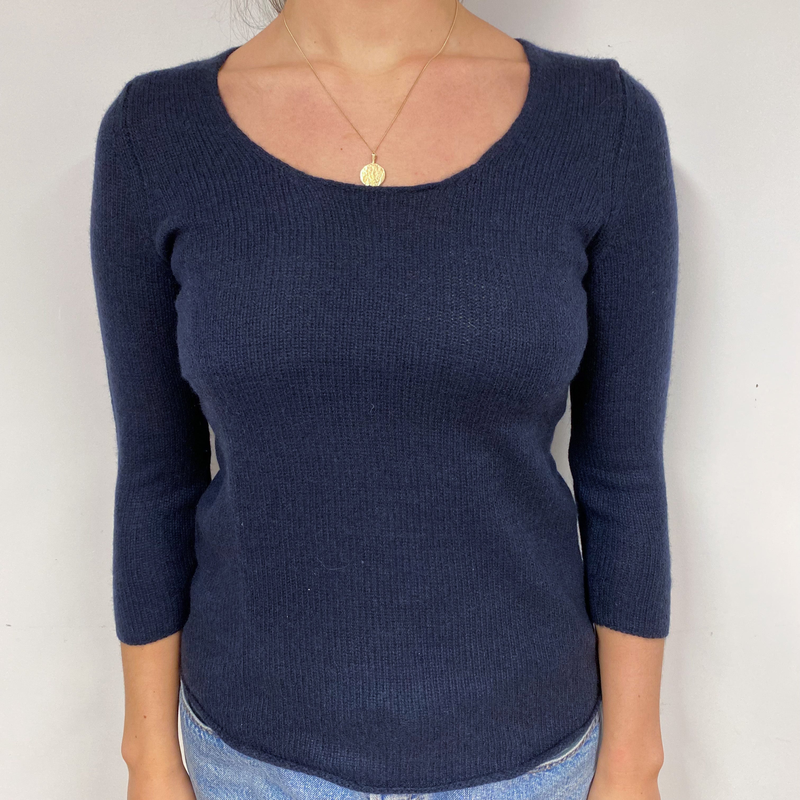 Navy Blue 3/4 Sleeve Cashmere Scoop Neck Jumper Small