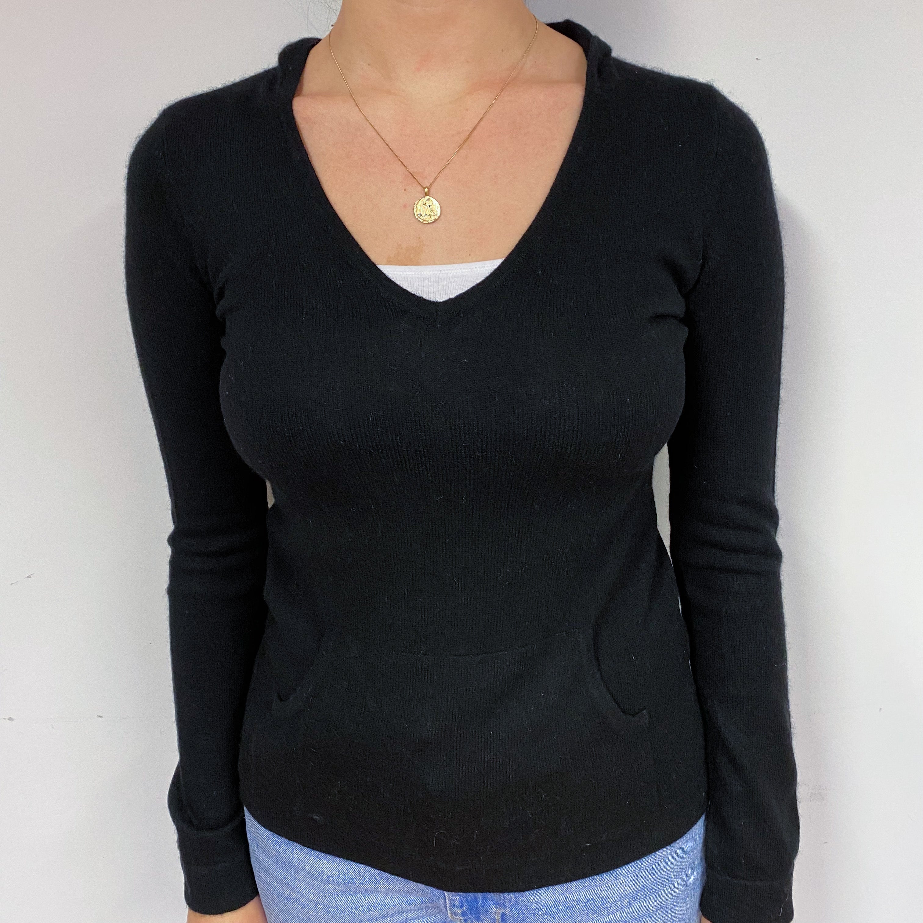 Black Cashmere V-Neck Jumper with Hood Small