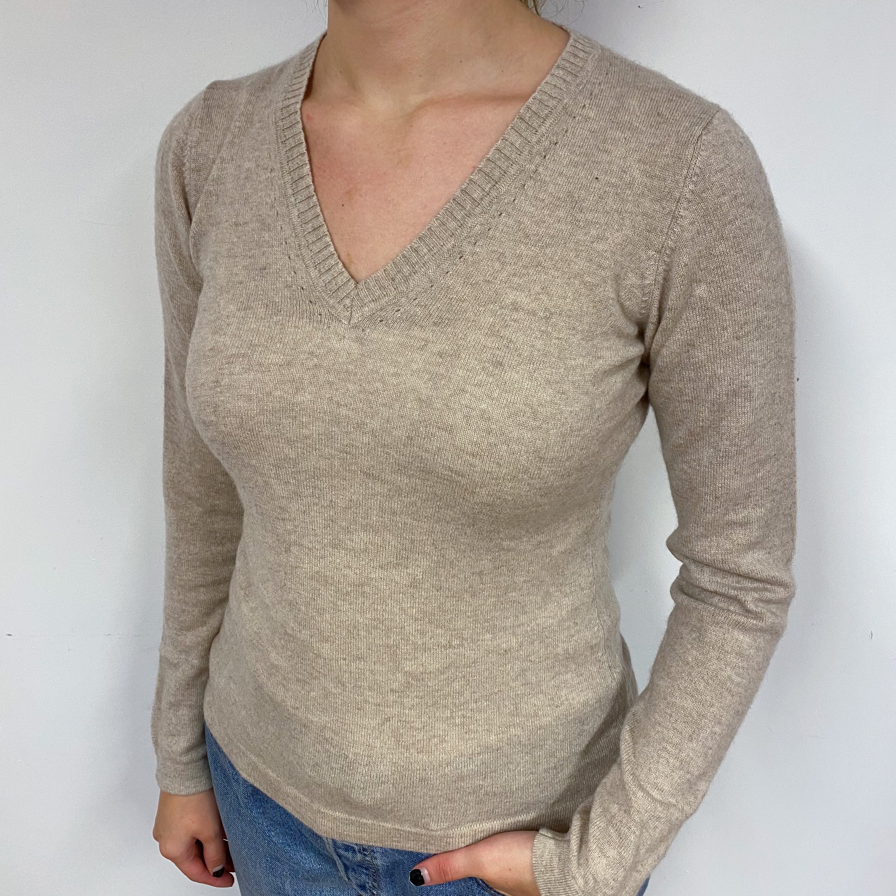 Fawn Beige Cashmere V-Neck Jumper Small