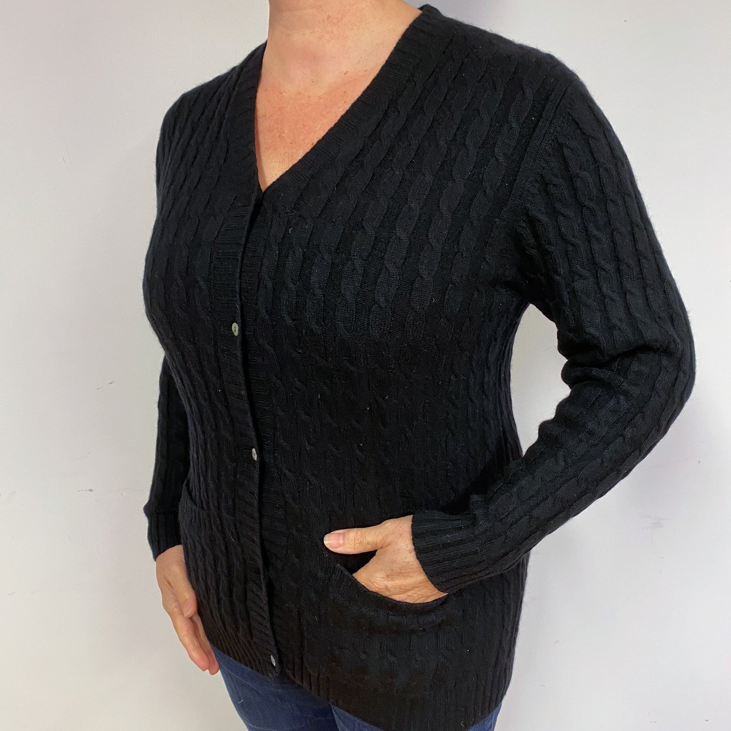 Chunky Black Cashmere Cardigan Large