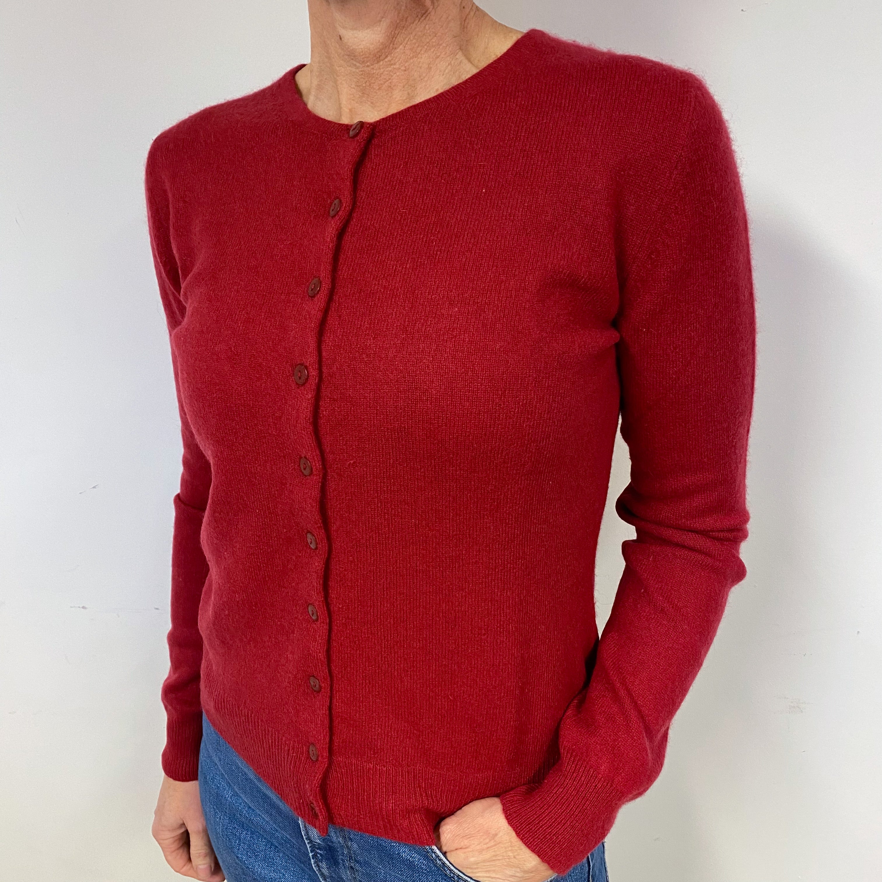 Crimson Red Cashmere Crew Neck Cardigan Medium