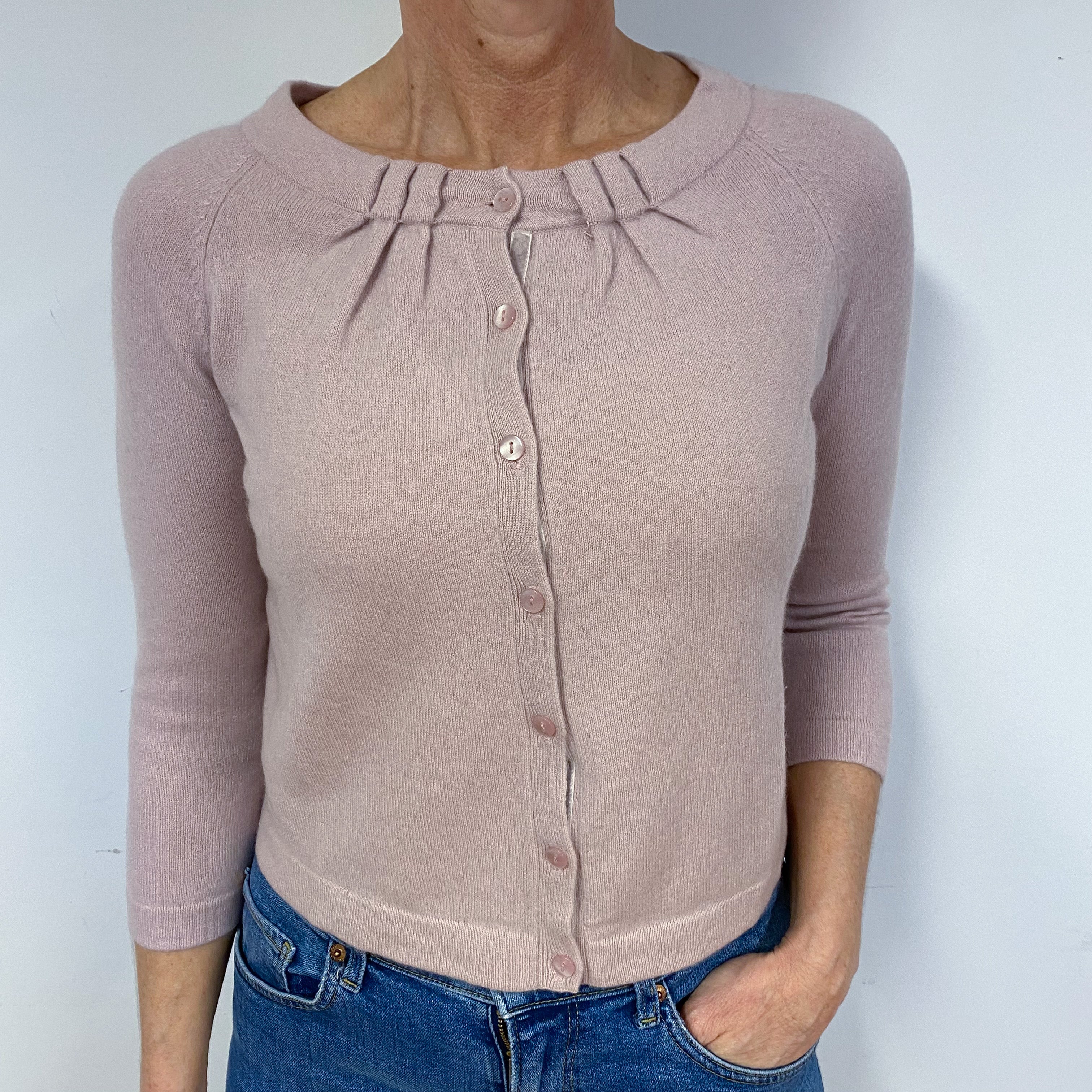 Pale Mauve Pink Cashmere Crew Neck Cardigan Medium