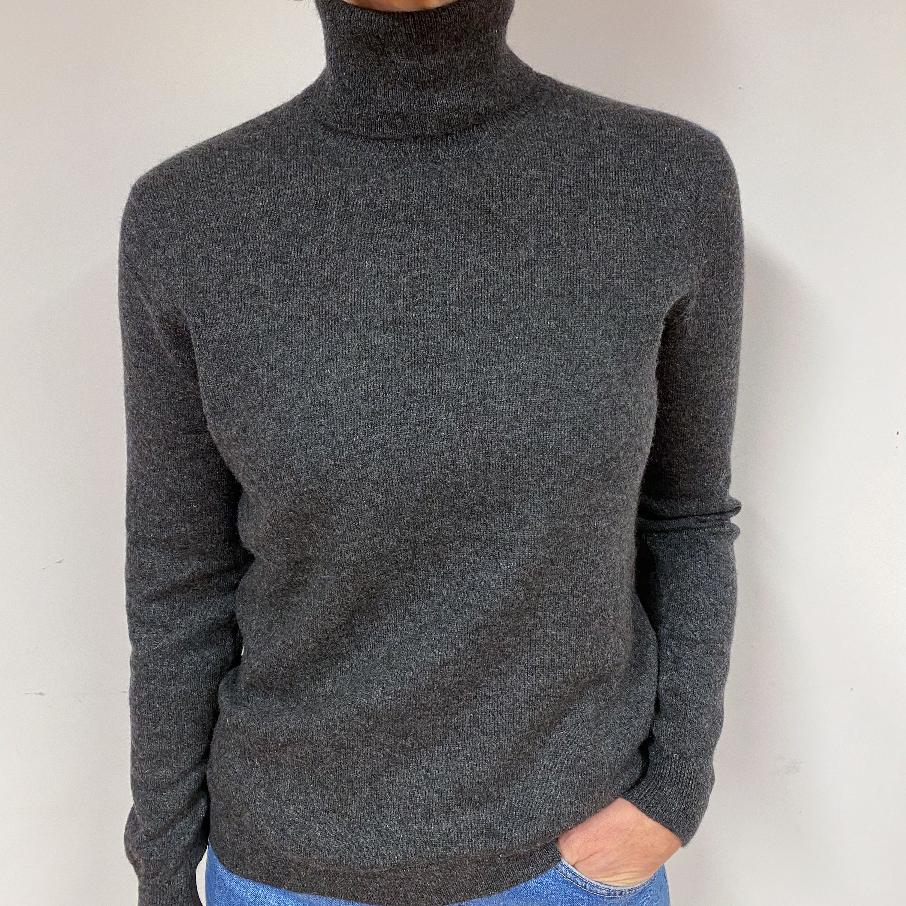 Charcoal Grey Cashmere Polo Neck Jumper Medium