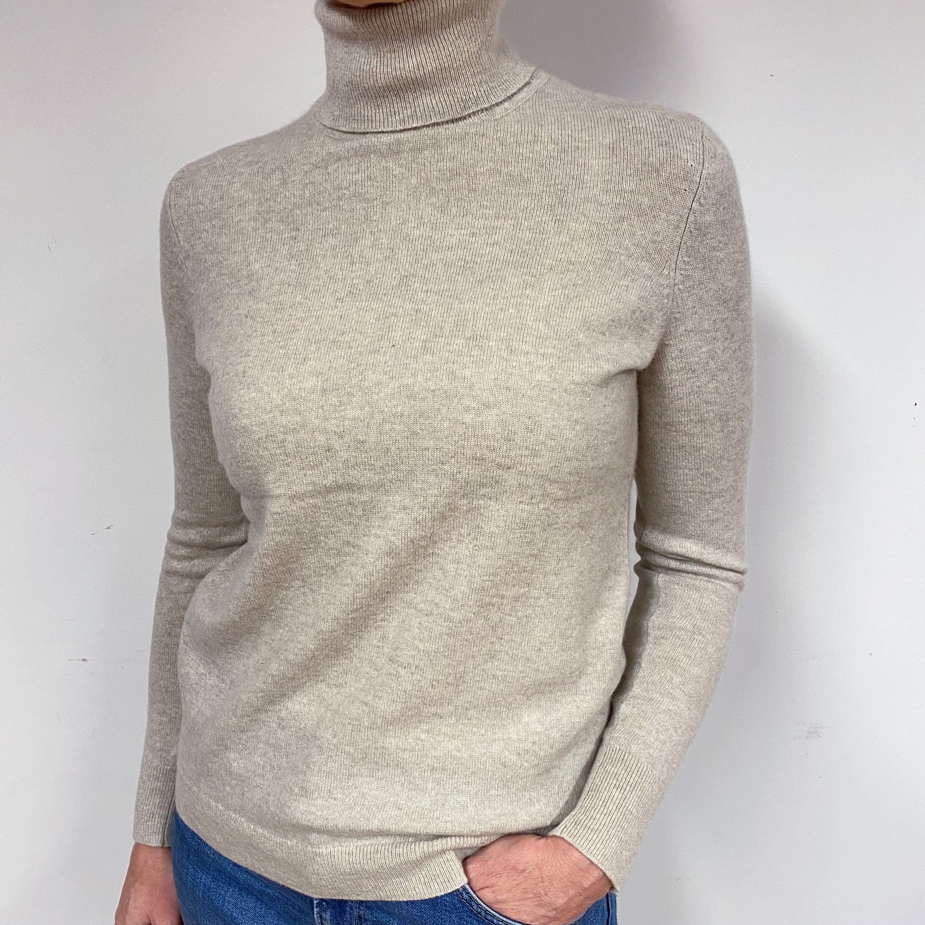 Oatmeal Beige Cashmere Polo Neck Jumper Medium