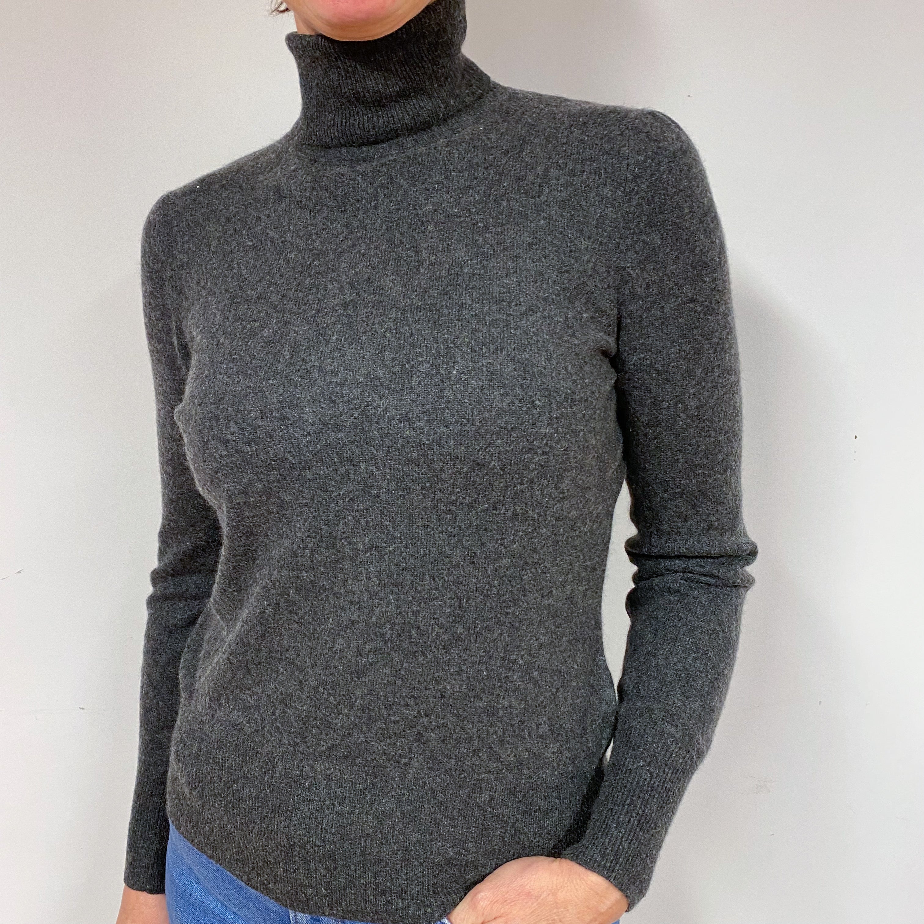 Charcoal Grey Cashmere Polo Neck Jumper Large