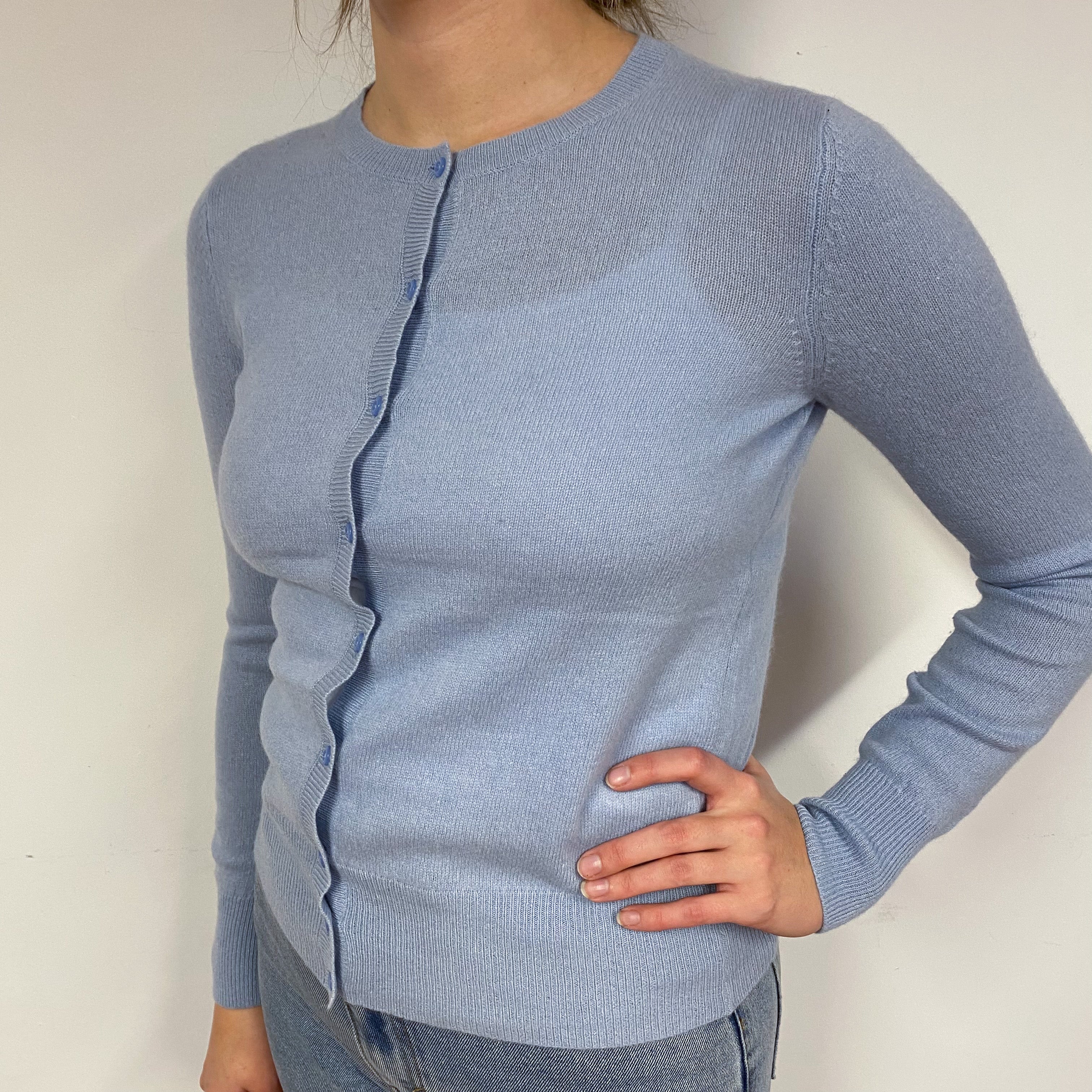 Pale Blue Cashmere Crew Neck Cardigan Small