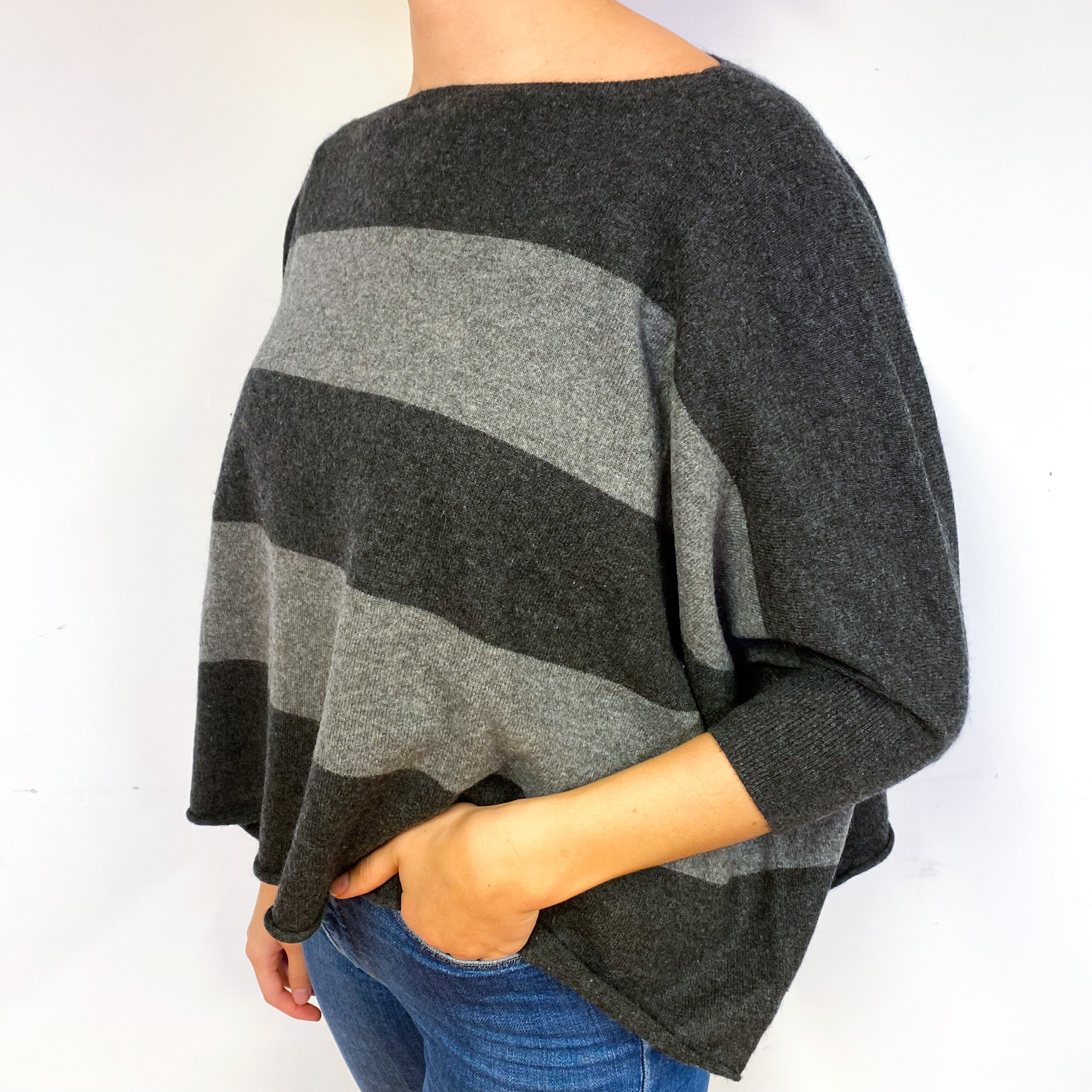 Vince Slouchy Grey Stripe Cashmere Crew Neck Jumper Small