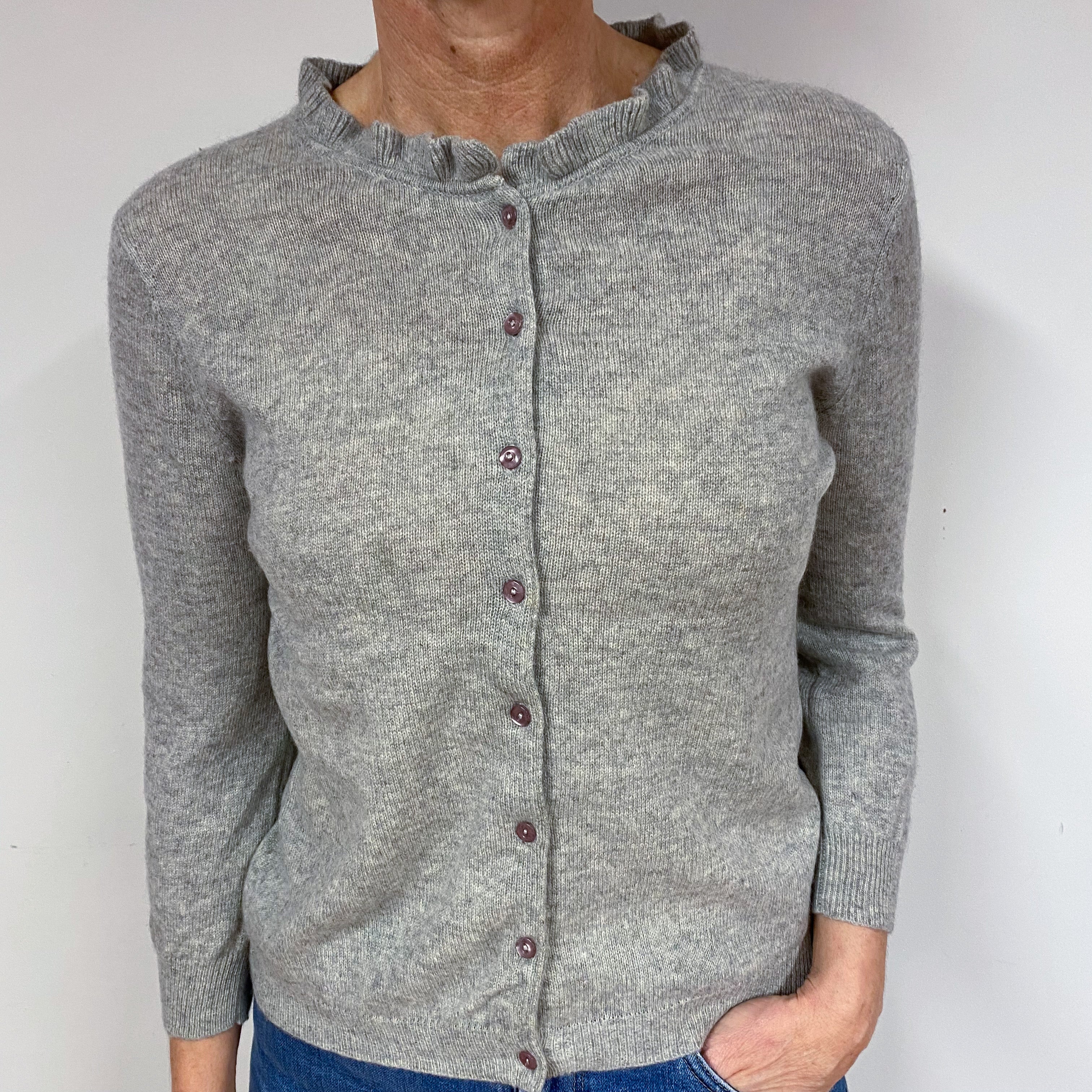 Smoke Grey Frill Cashmere Crew Neck Cardigan Medium