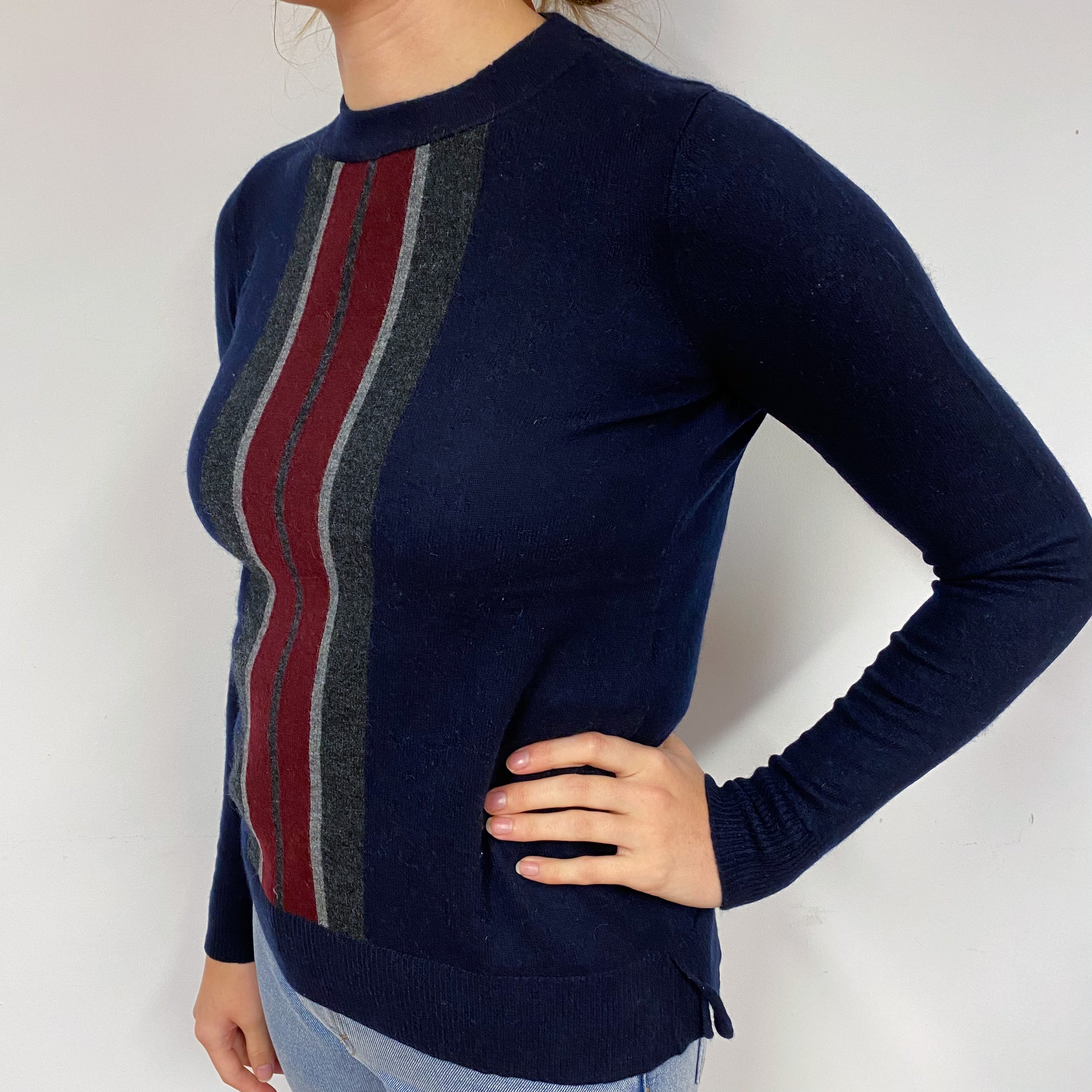 Navy Burgundy Stripe Cashmere Crew Neck Jumper Small