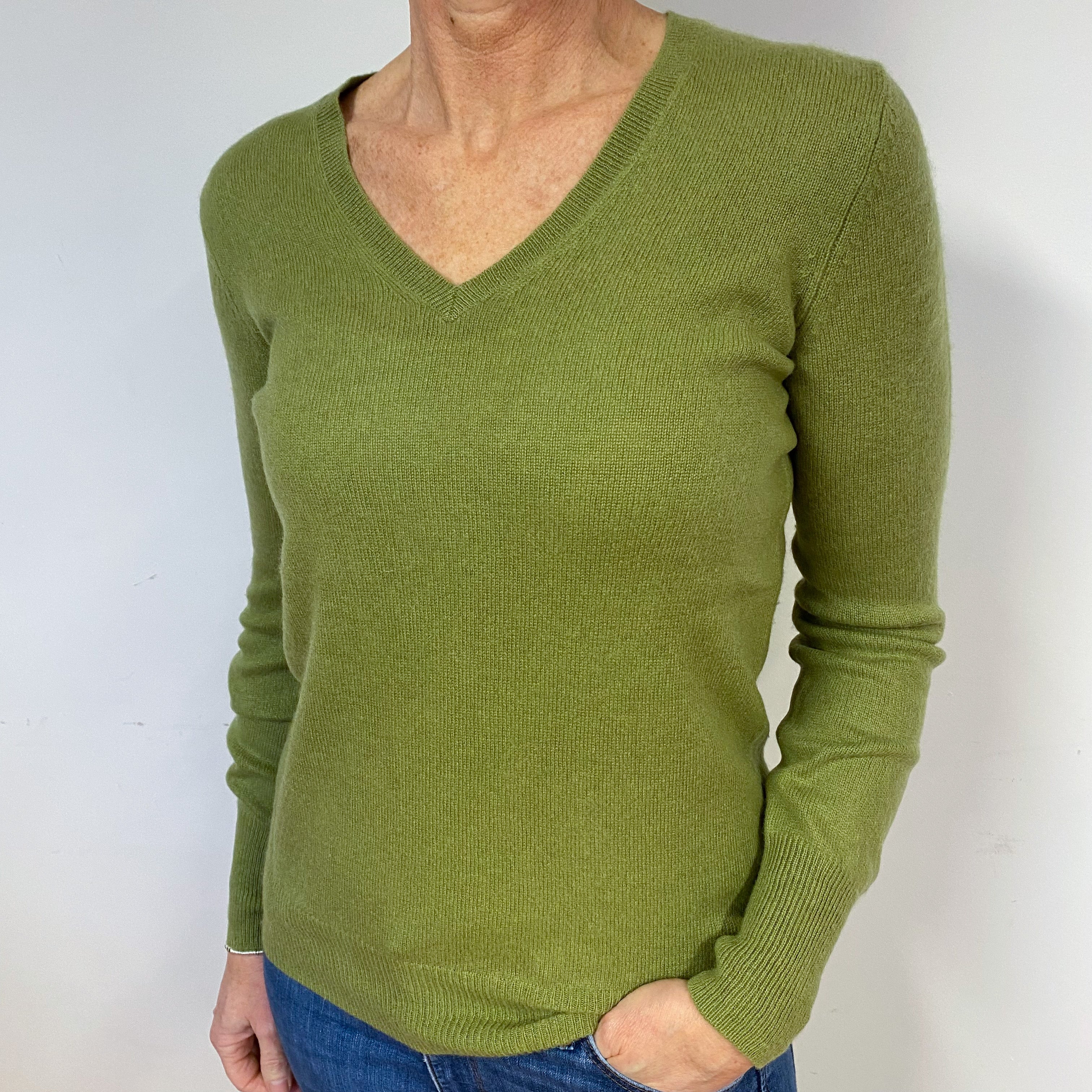 Olive Green Cashmere V-Neck Jumper Medium