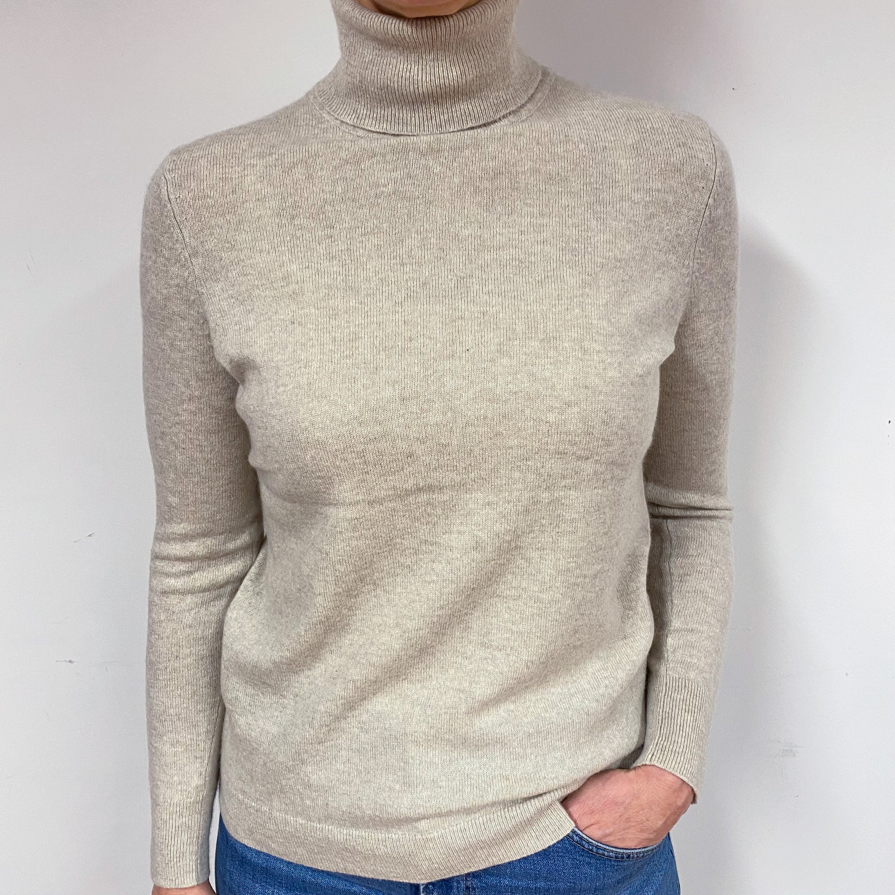 Oatmeal Beige Cashmere Polo Neck Jumper Medium