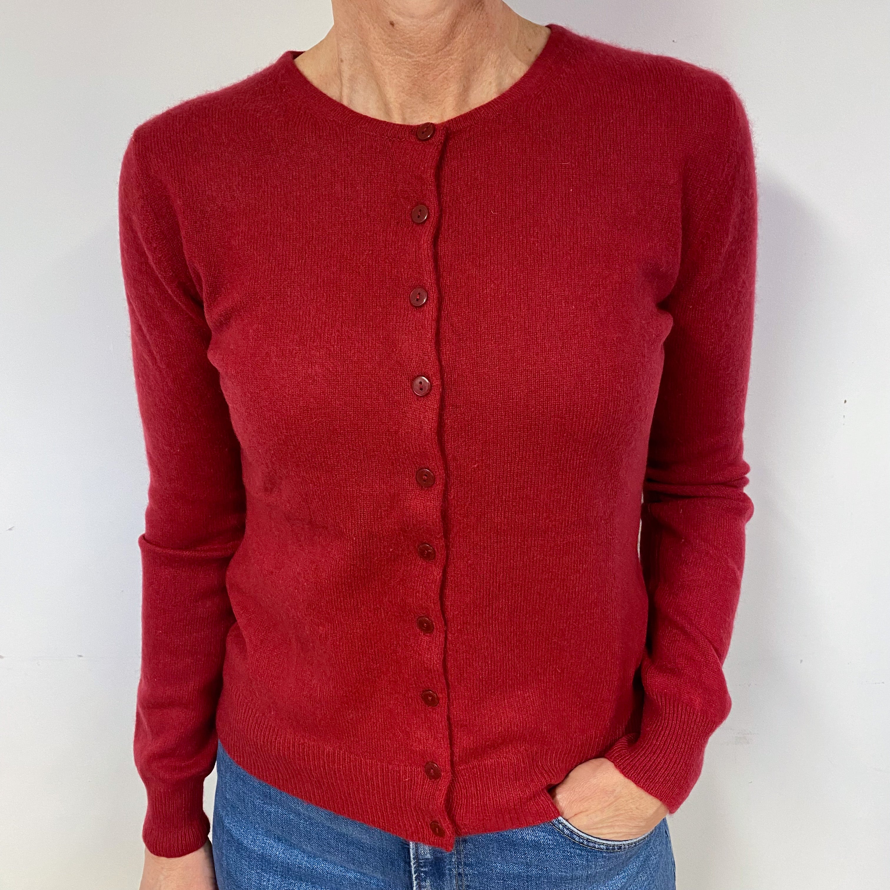 Crimson Red Cashmere Crew Neck Cardigan Medium