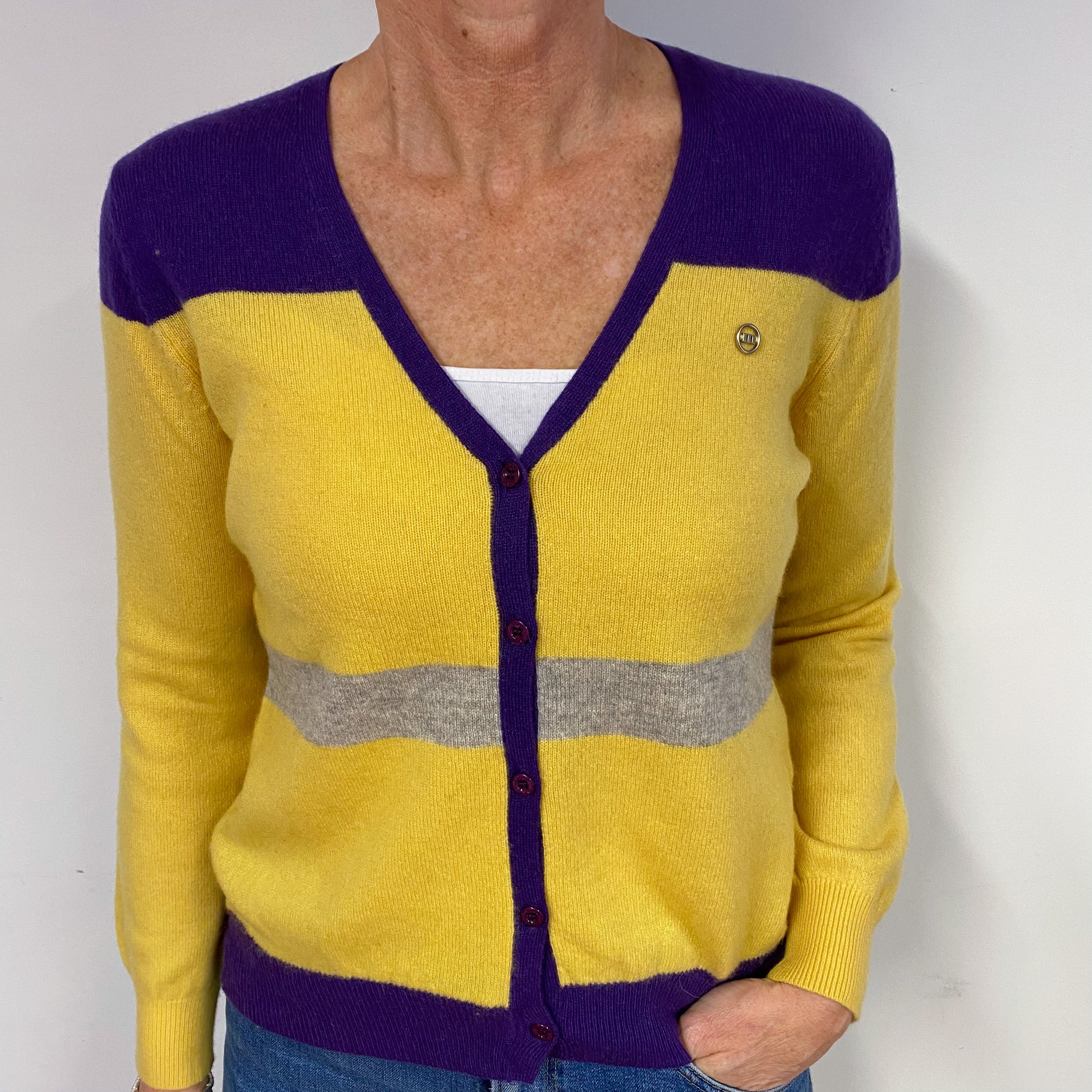 Yellow and Purple Cashmere V-Neck Cardigan Medium