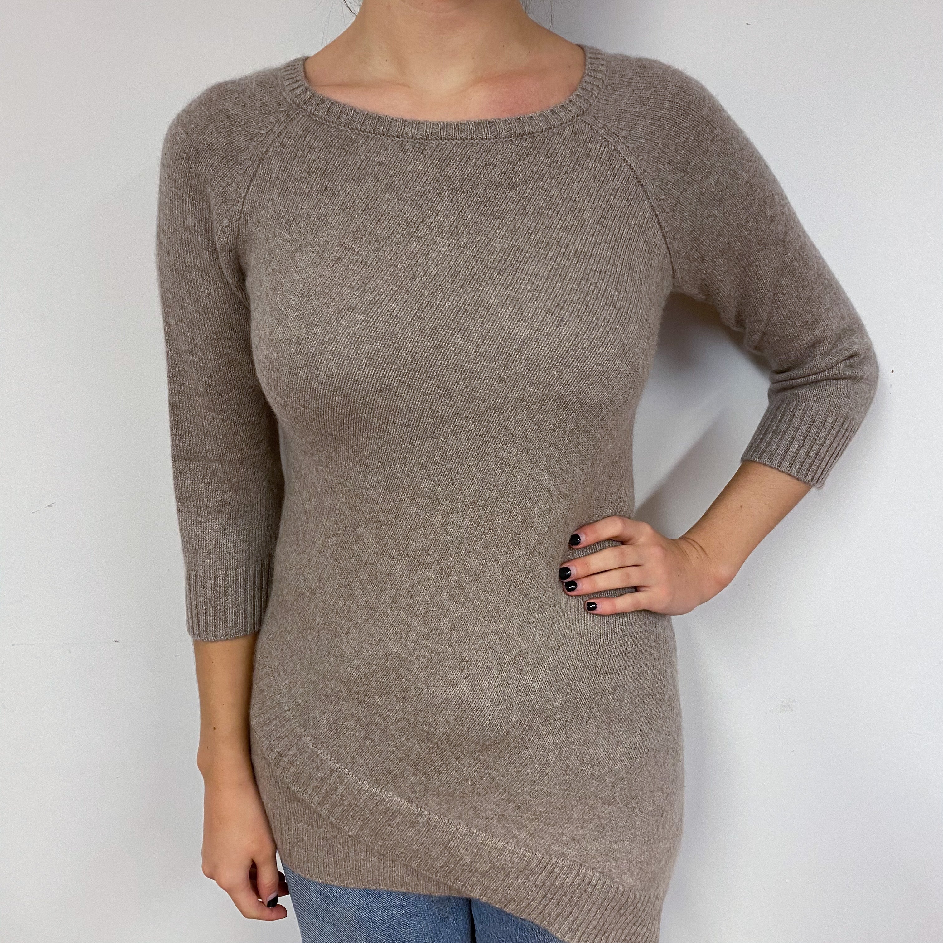 Taupe Brown Tunic Style Cashmere Crew Neck Jumper Small