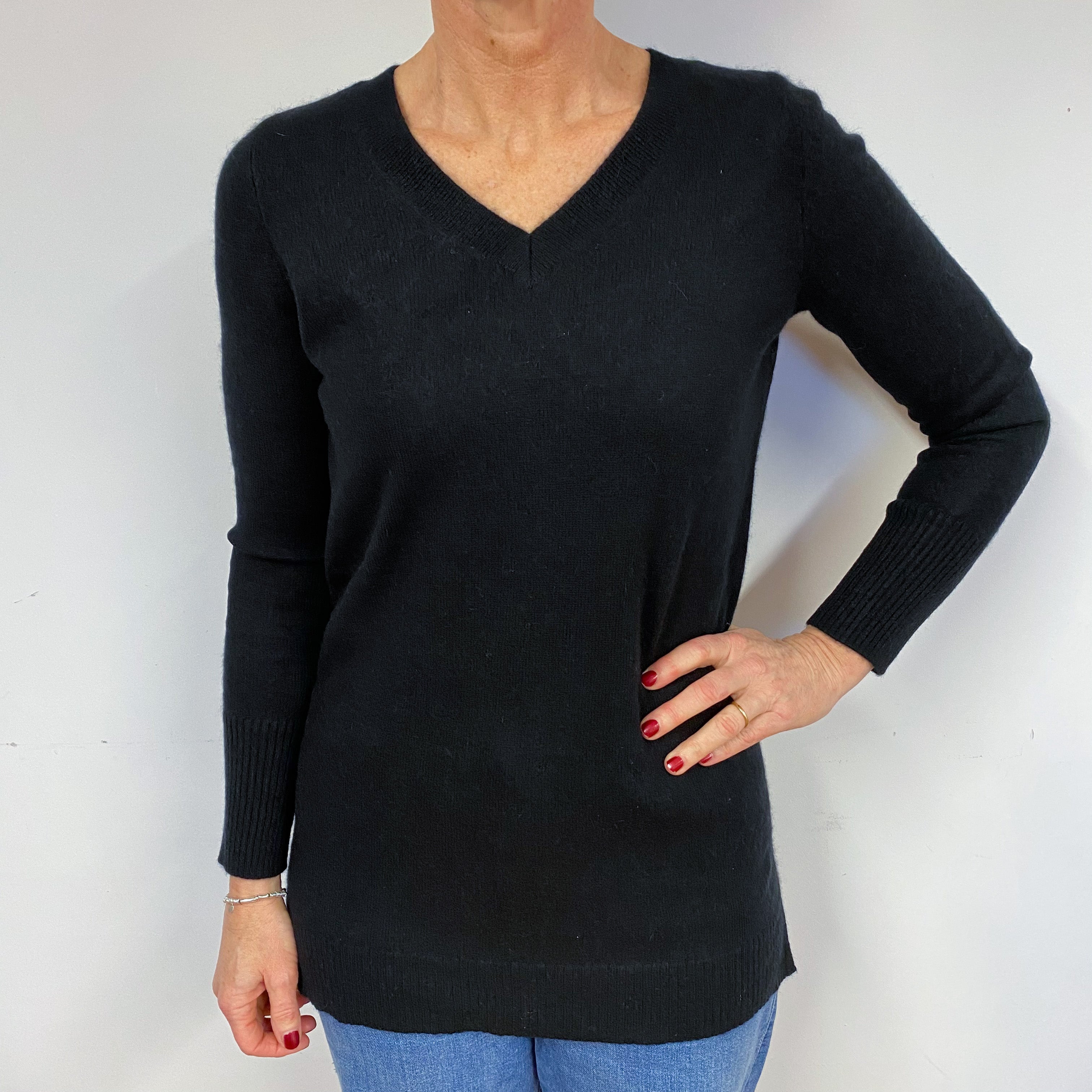 Black Longline Cashmere V-Neck Jumper Medium