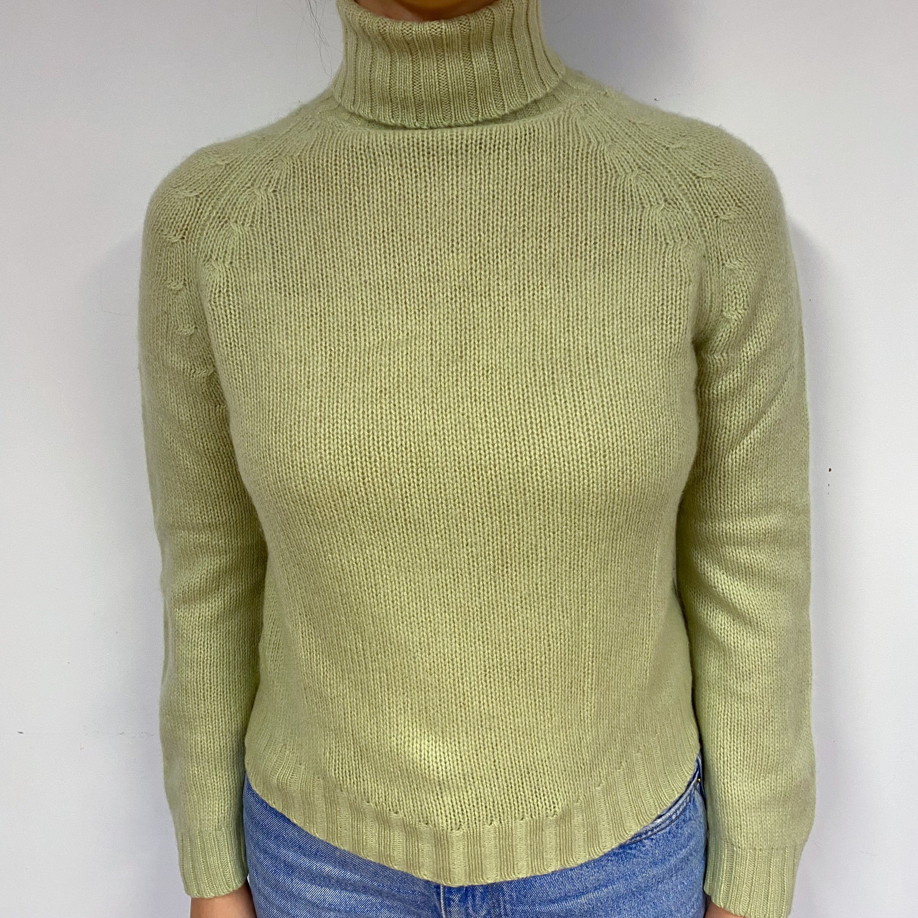 Chunky Celery Green Cashmere Polo Neck Jumper Small