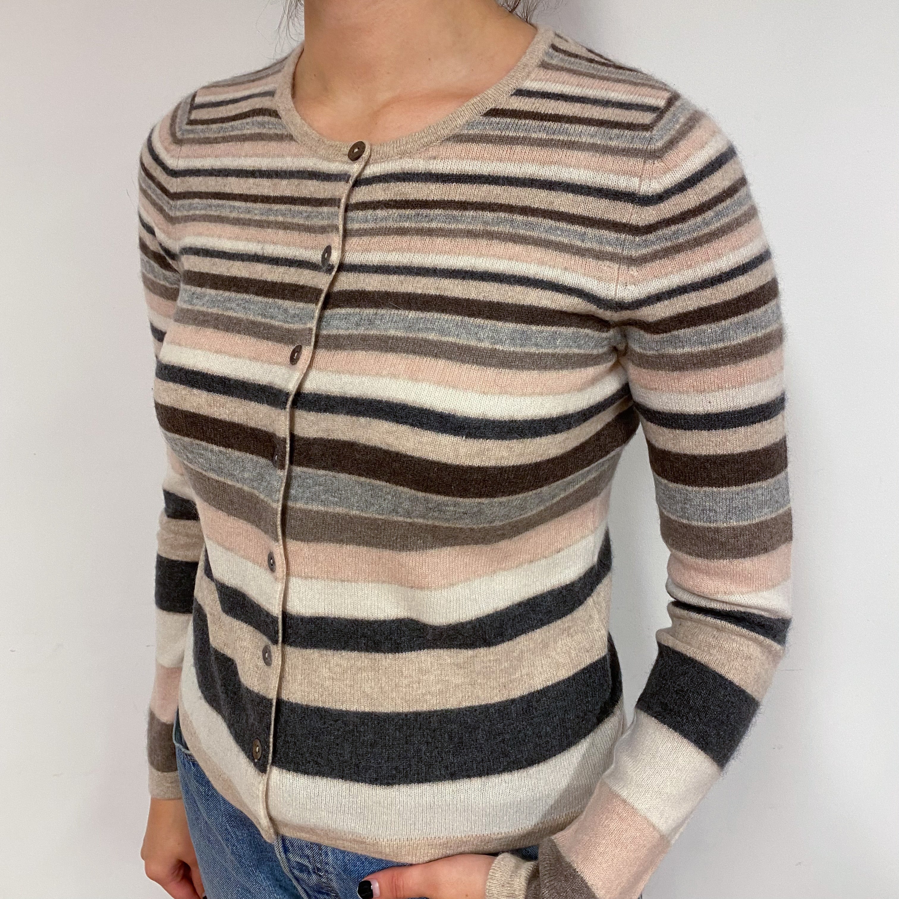 Muted Pink and Beige Striped Cashmere Cardigan Small