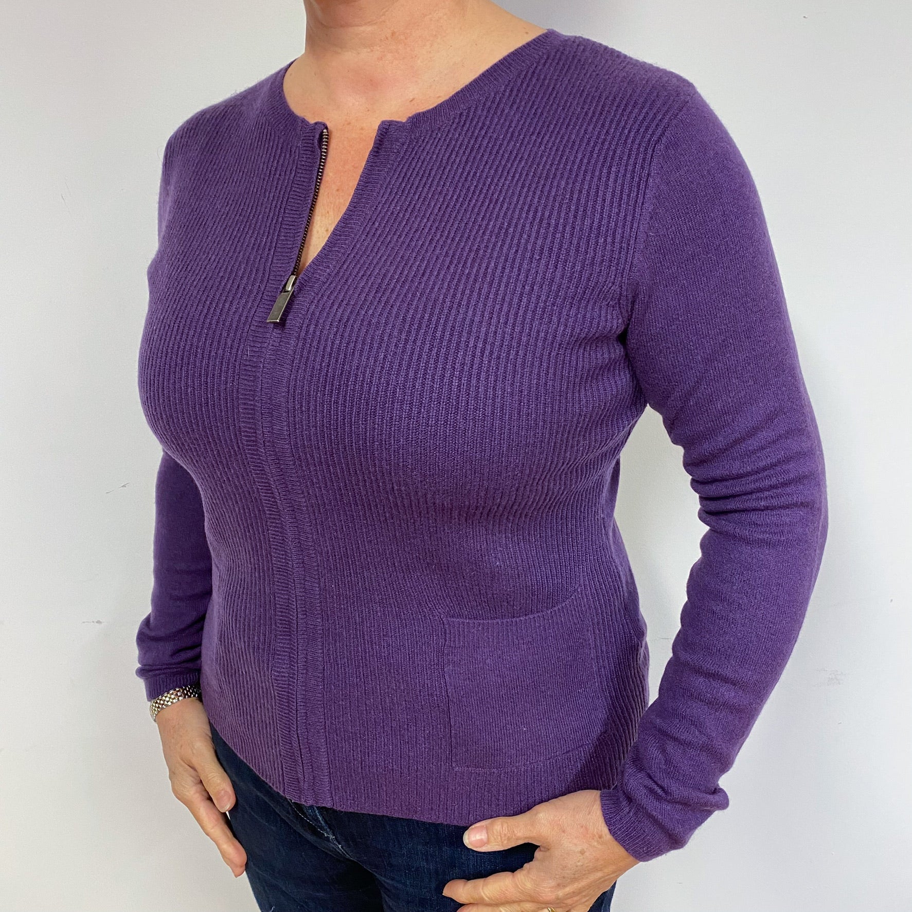 Plum Purple Ribbed Zipped Cashmere Cardigan Large