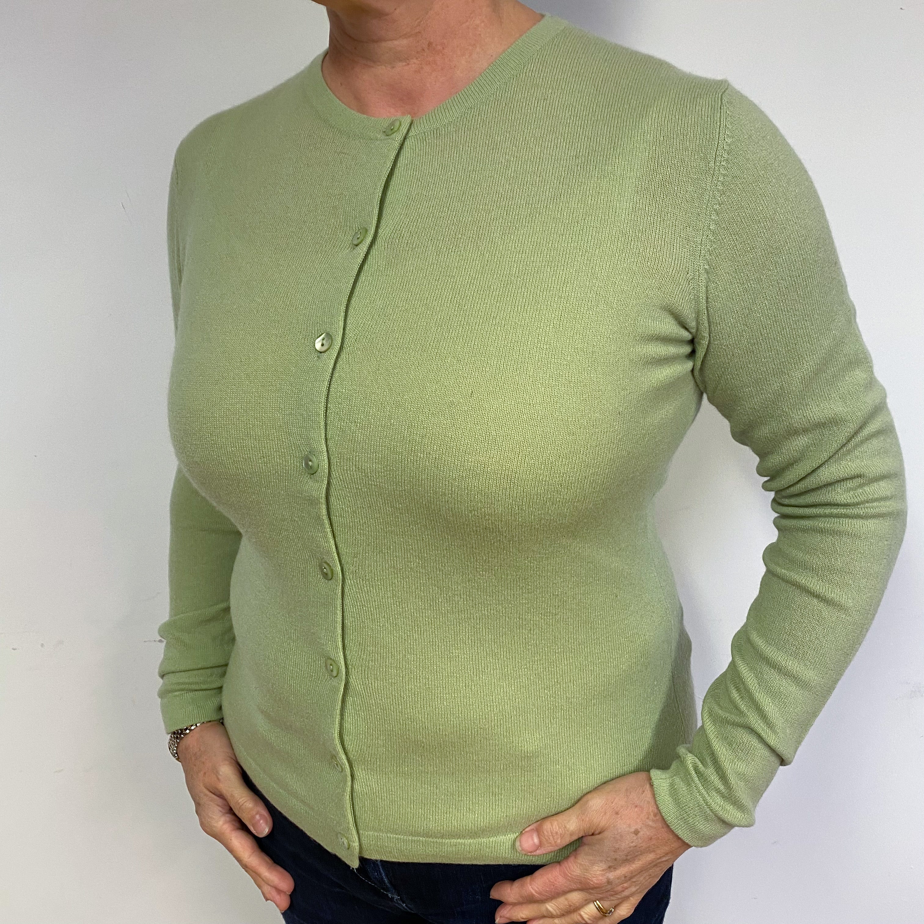 Soft Lime Green Cashmere Crew Neck Cardigan Large