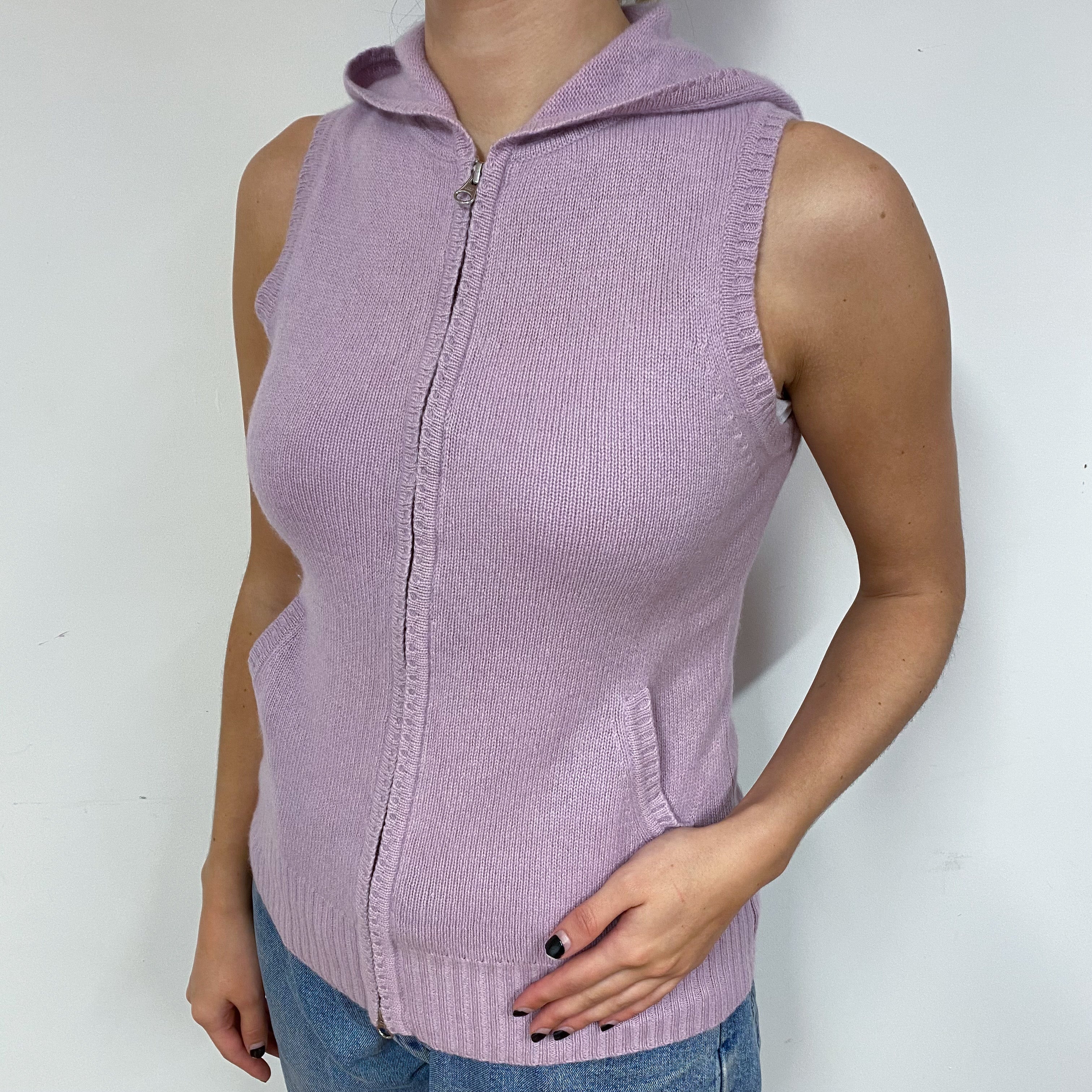 Lilac Purple Sleeveless Cashmere Zip Hoodie Jumper Small