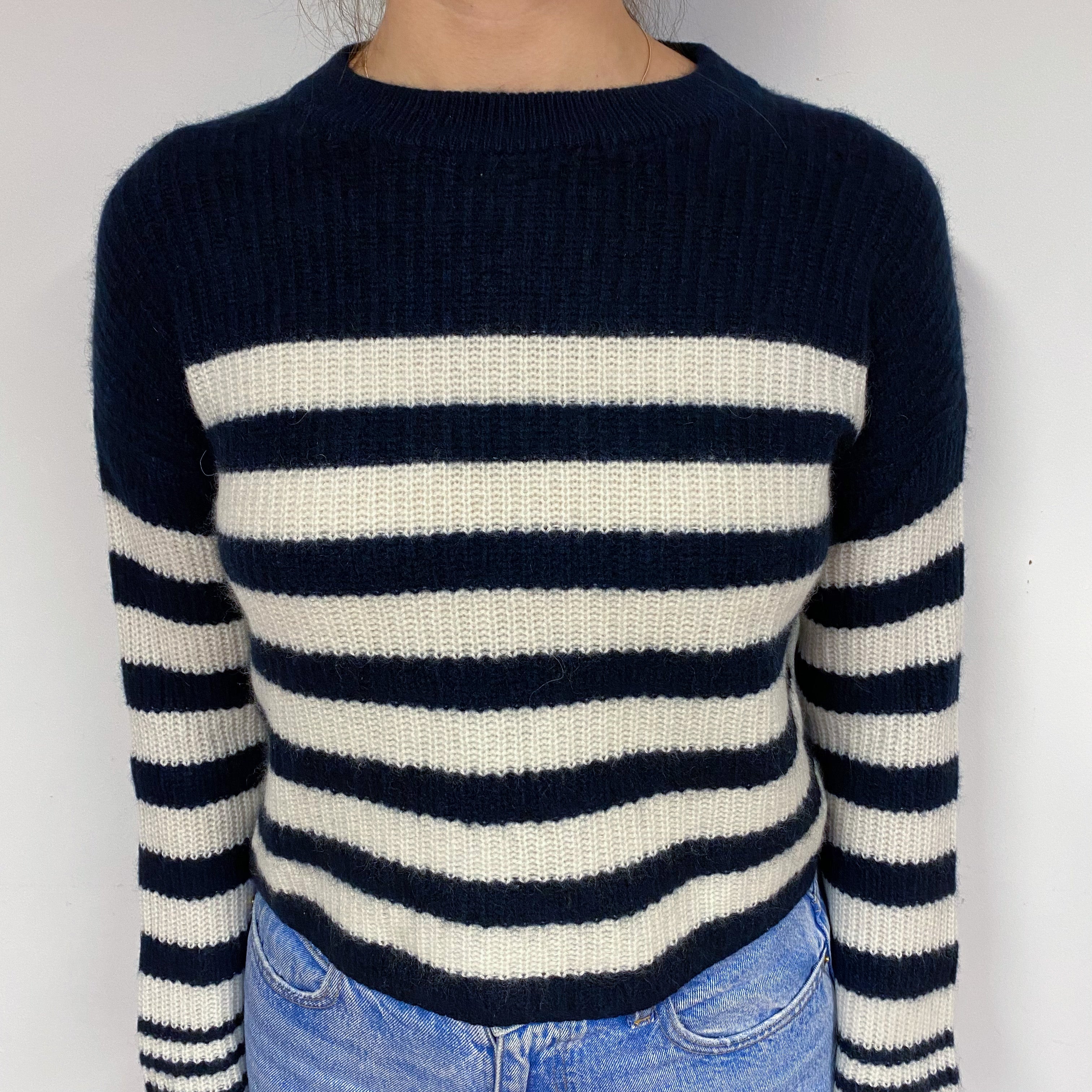 Navy and Cream Stripe Cashmere Crew Neck Jumper Small