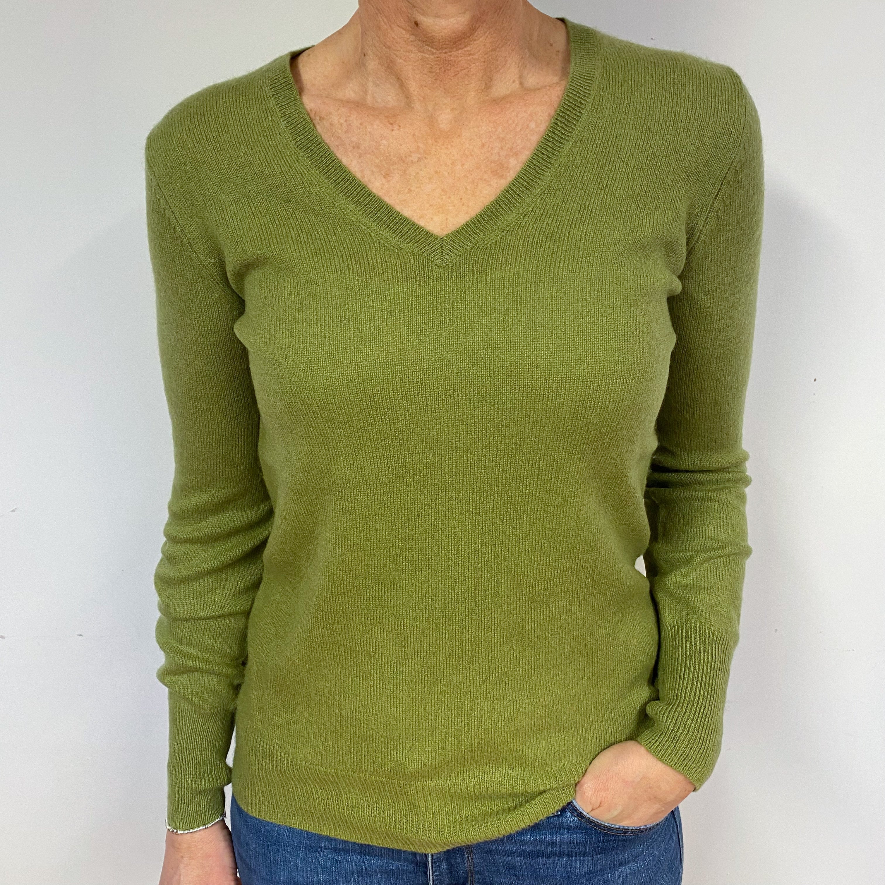 Olive Green Cashmere V-Neck Jumper Medium