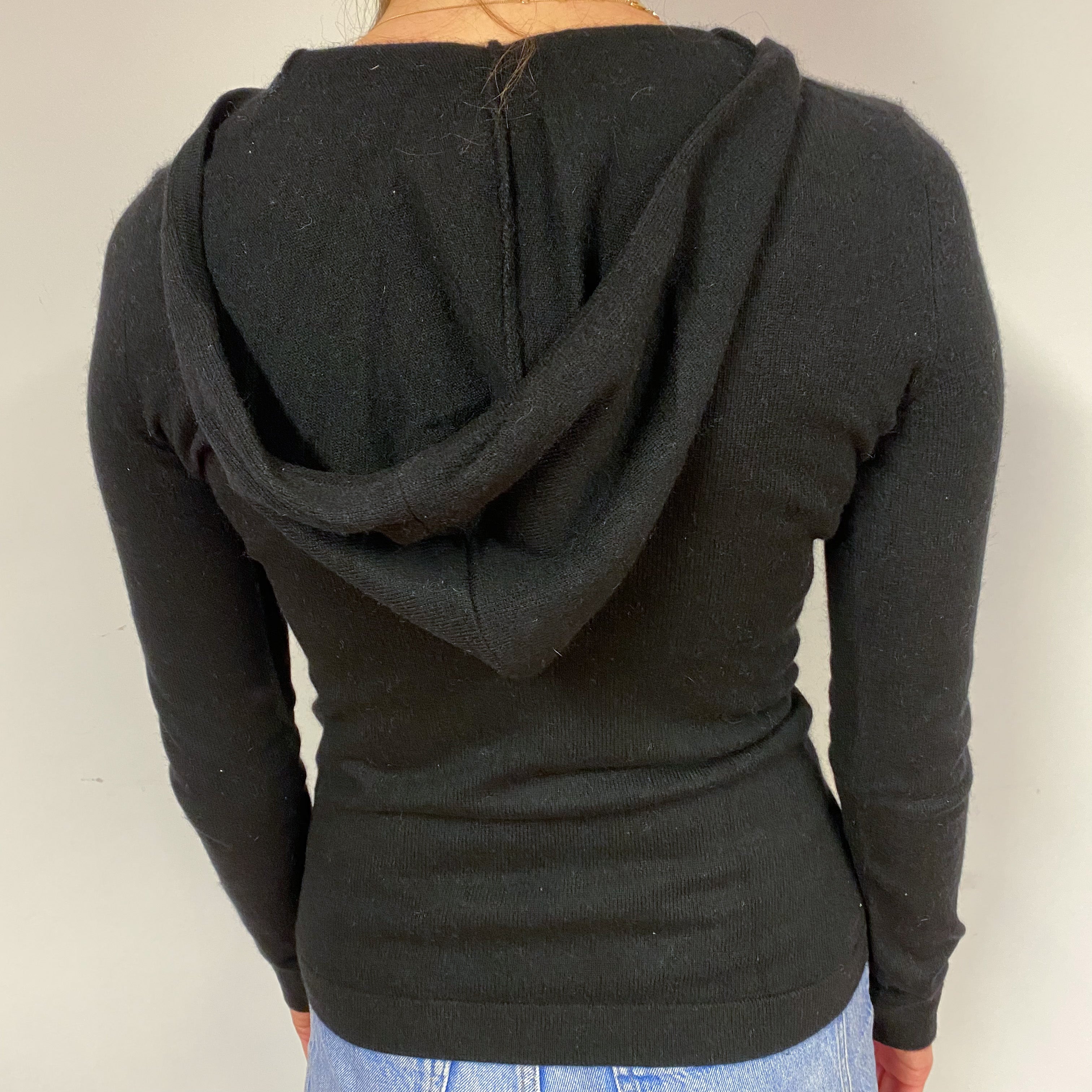 Black Cashmere V-Neck Jumper with Hood Small