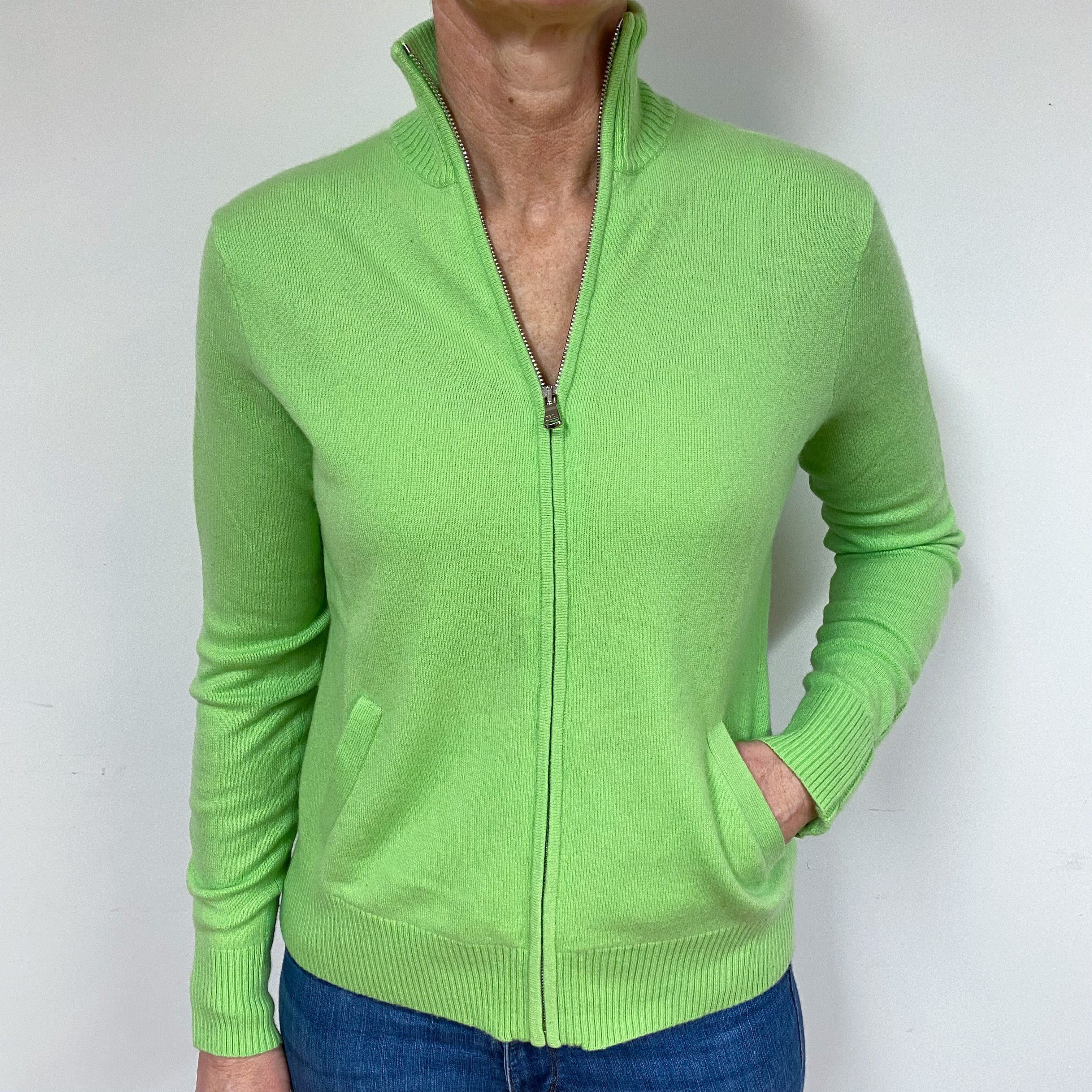 Lime Green Cashmere Zip Front Cardigan Medium