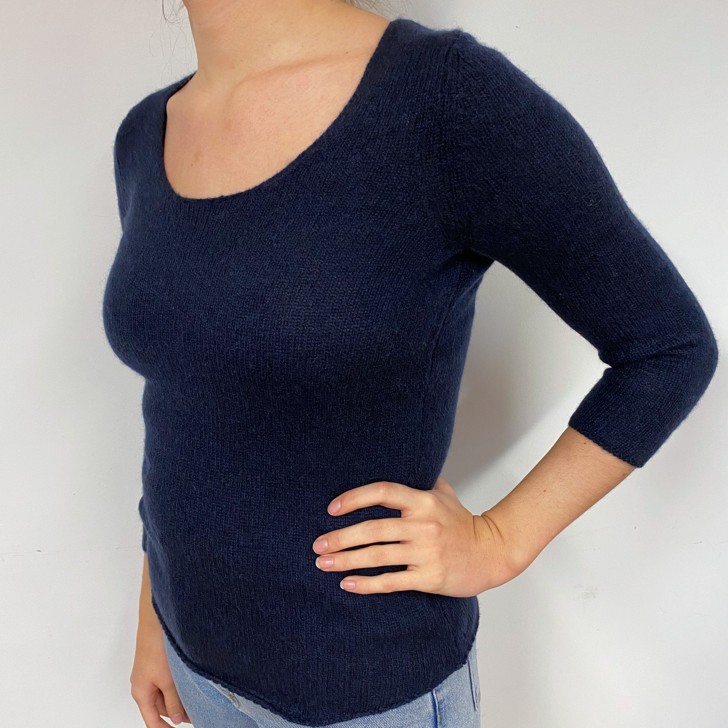 Dark Navy 3/4 Sleeve Cashmere Crew Neck Jumper Small