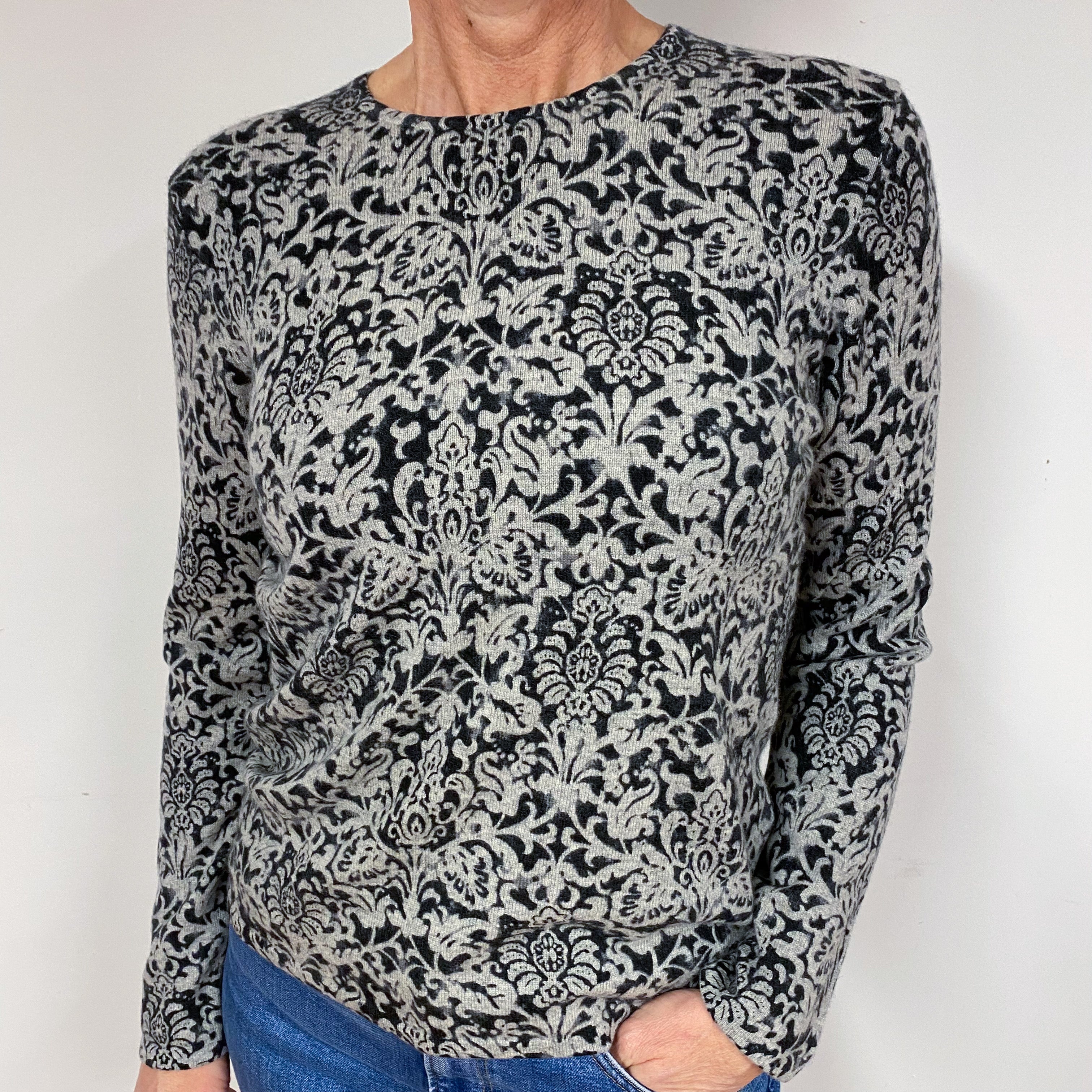 Grey Floral Cashmere Crew Neck Jumper Medium