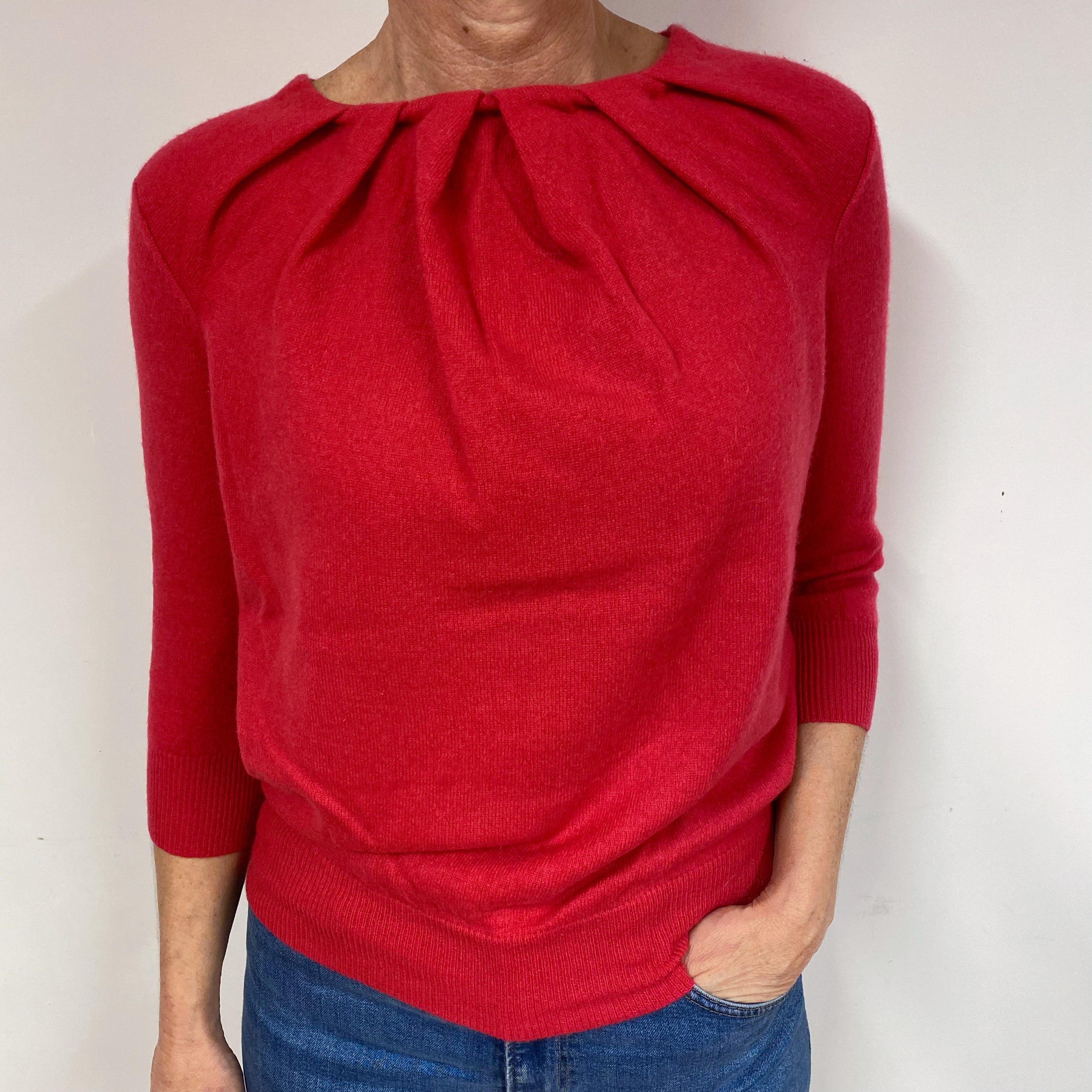 Berry Red Ruched Cashmere Crew Neck Jumper Medium