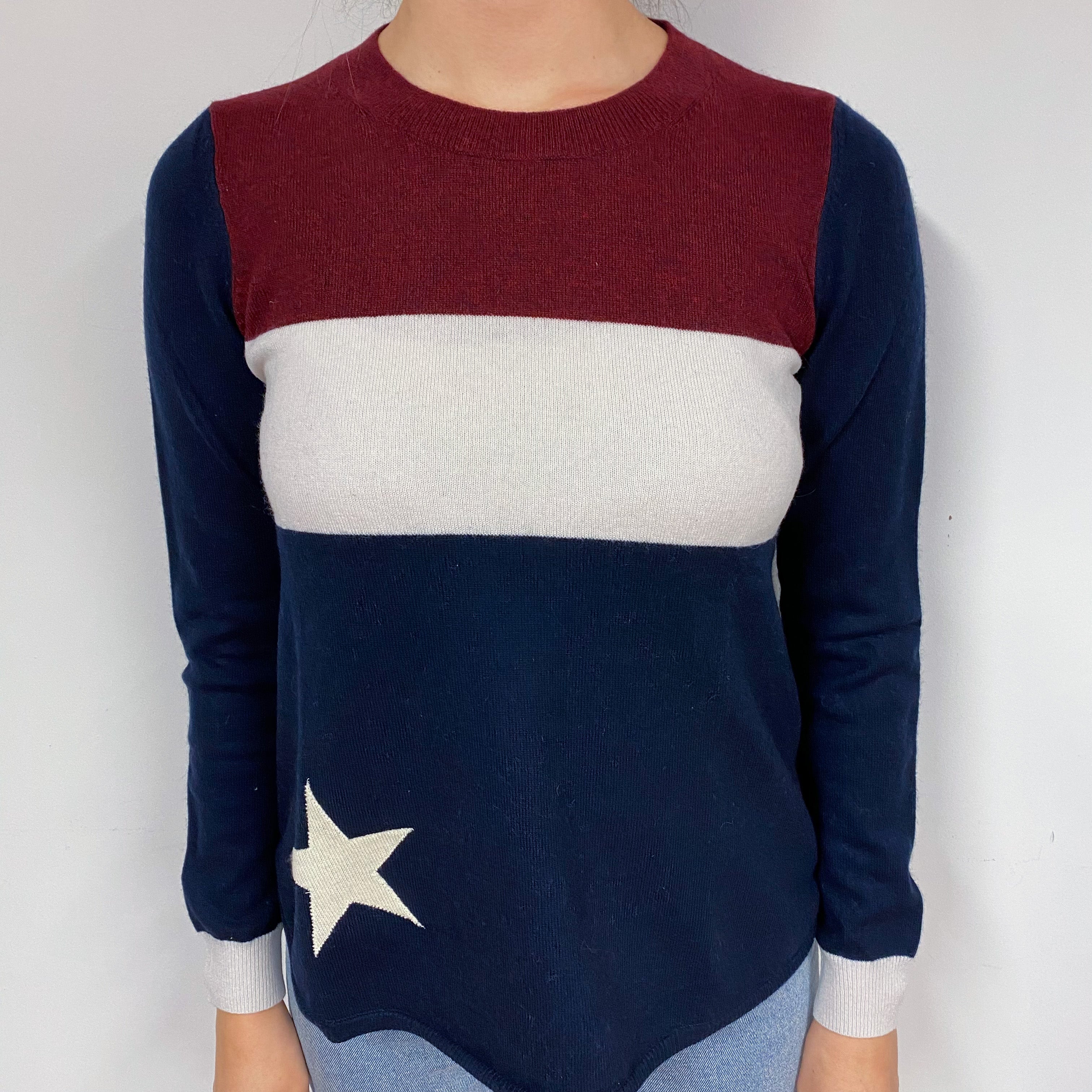 Navy Colour Block Cashmere Crew Neck Jumper Small