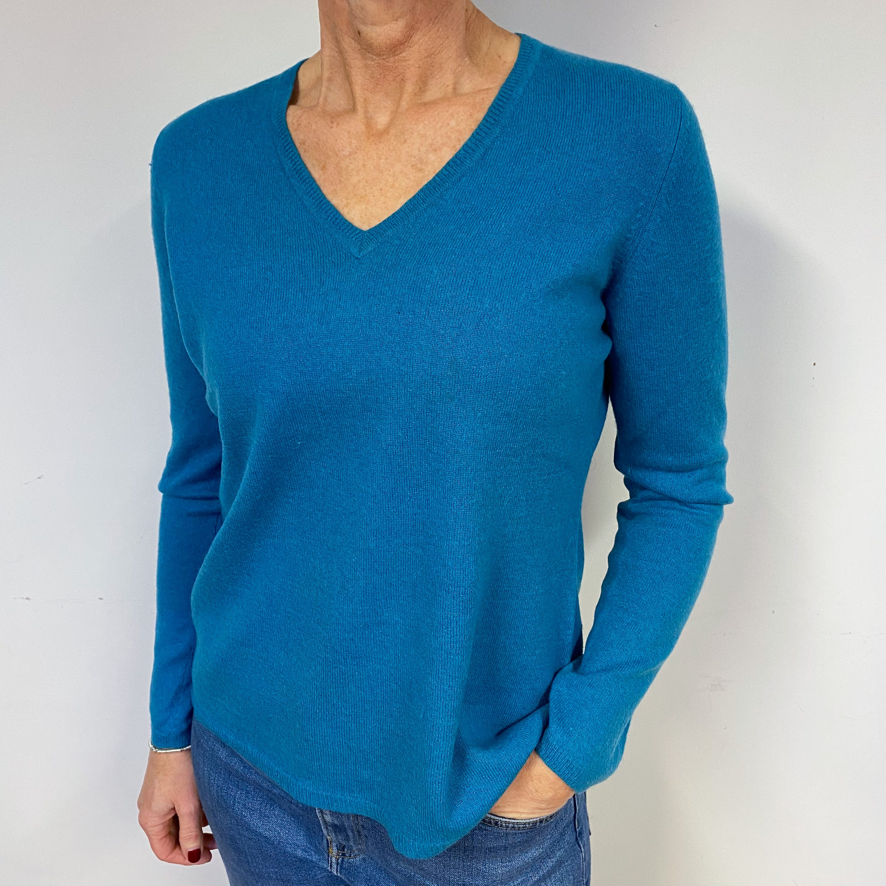 Teal Green Cashmere V-Neck Jumper Medium