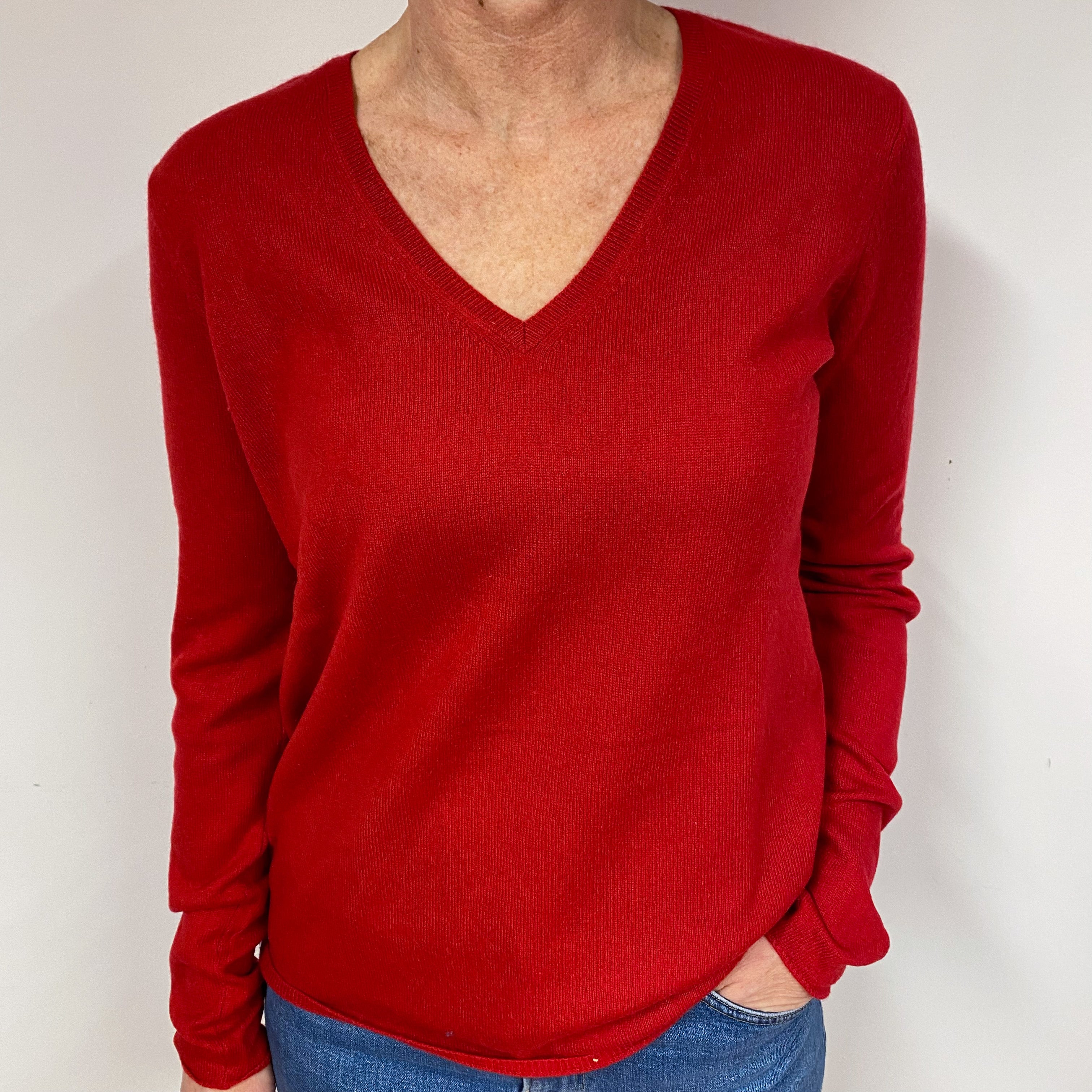 Post Box Red Cashmere V-Neck Jumper Medium