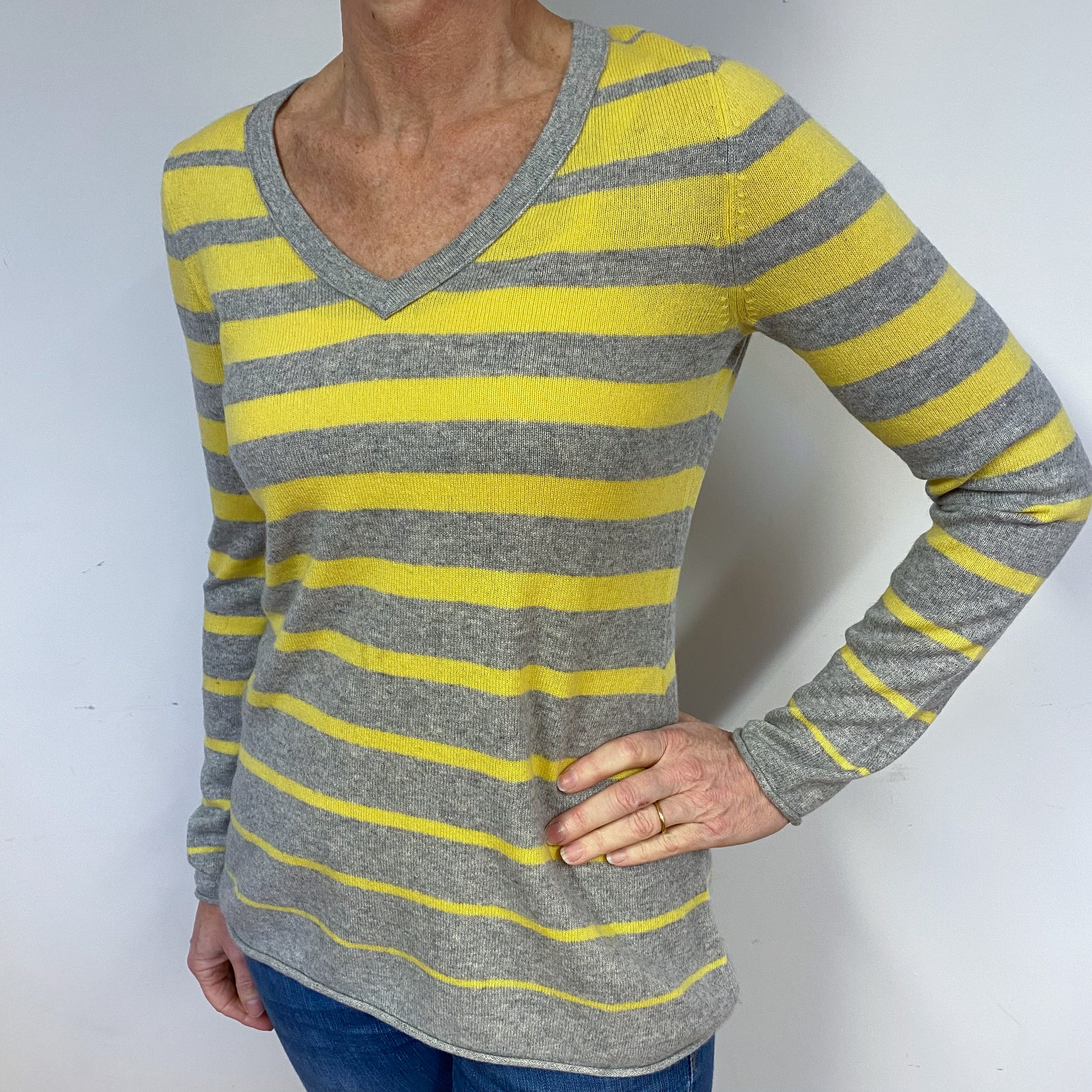 Yellow and Grey Stripe Cashmere V-Neck Jumper Medium