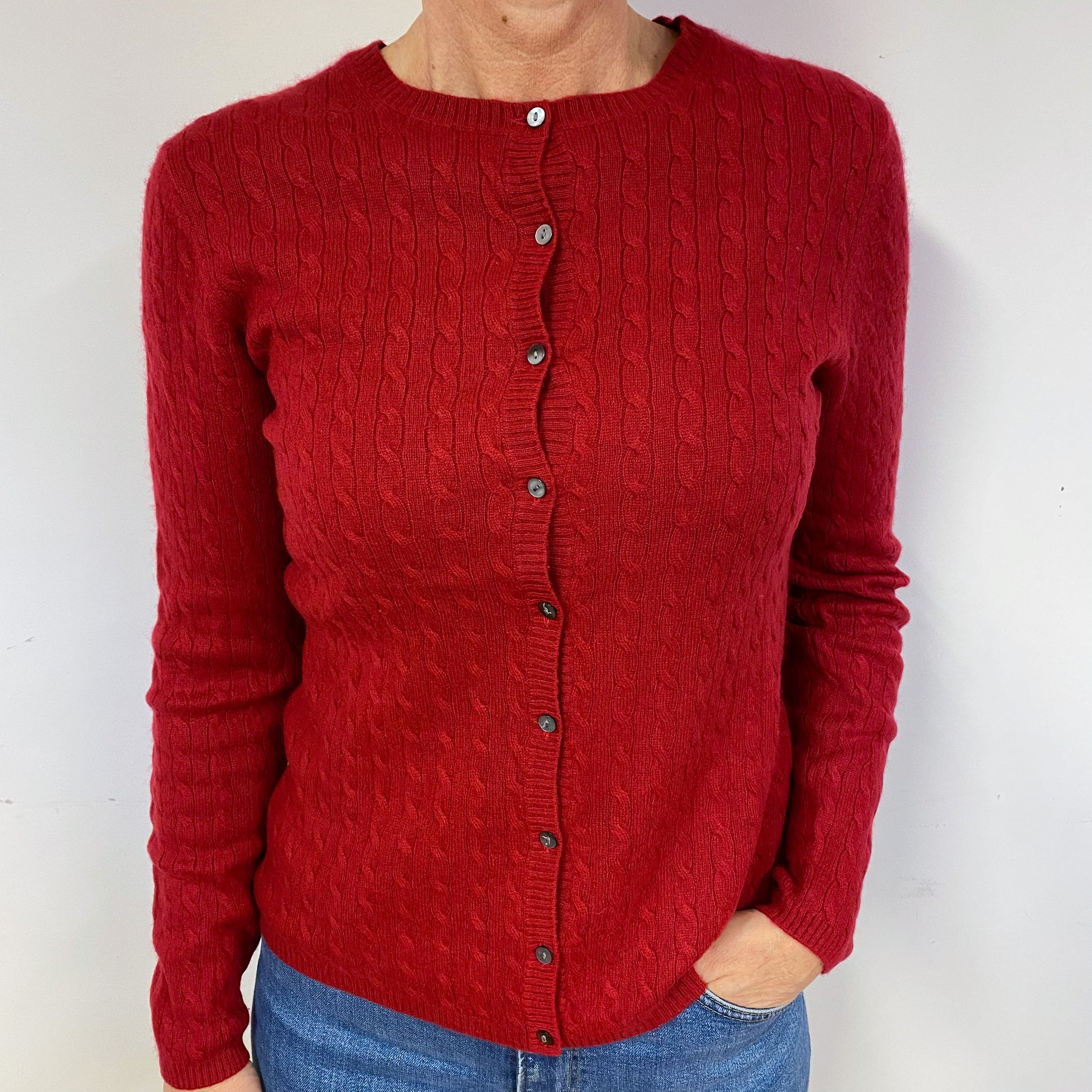 Crimson Red Cable Cashmere Crew Neck Cardigan Medium