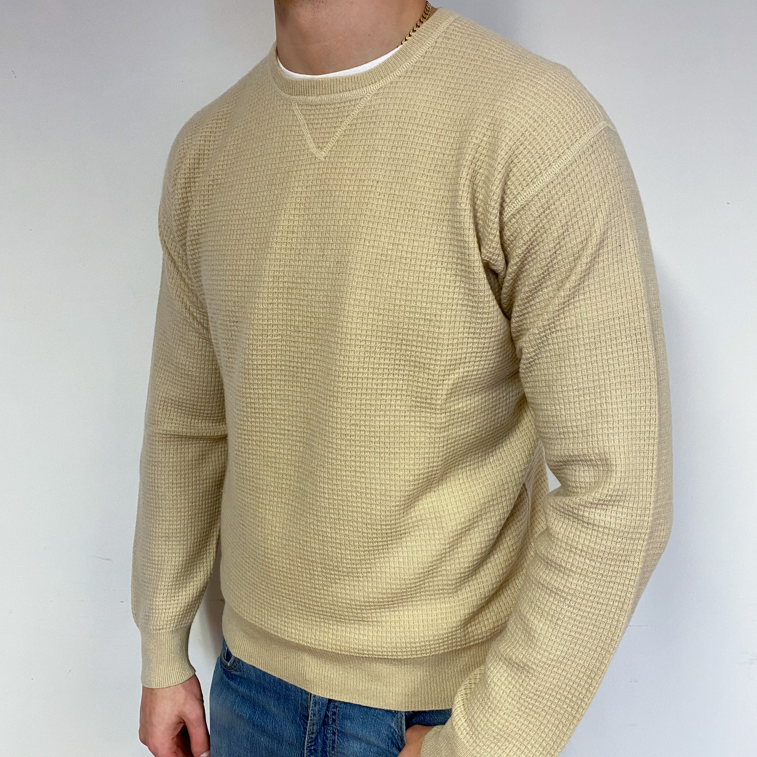 Men's Pale Biscuit Waffle Knit Cashmere Crew Neck Jumper XL