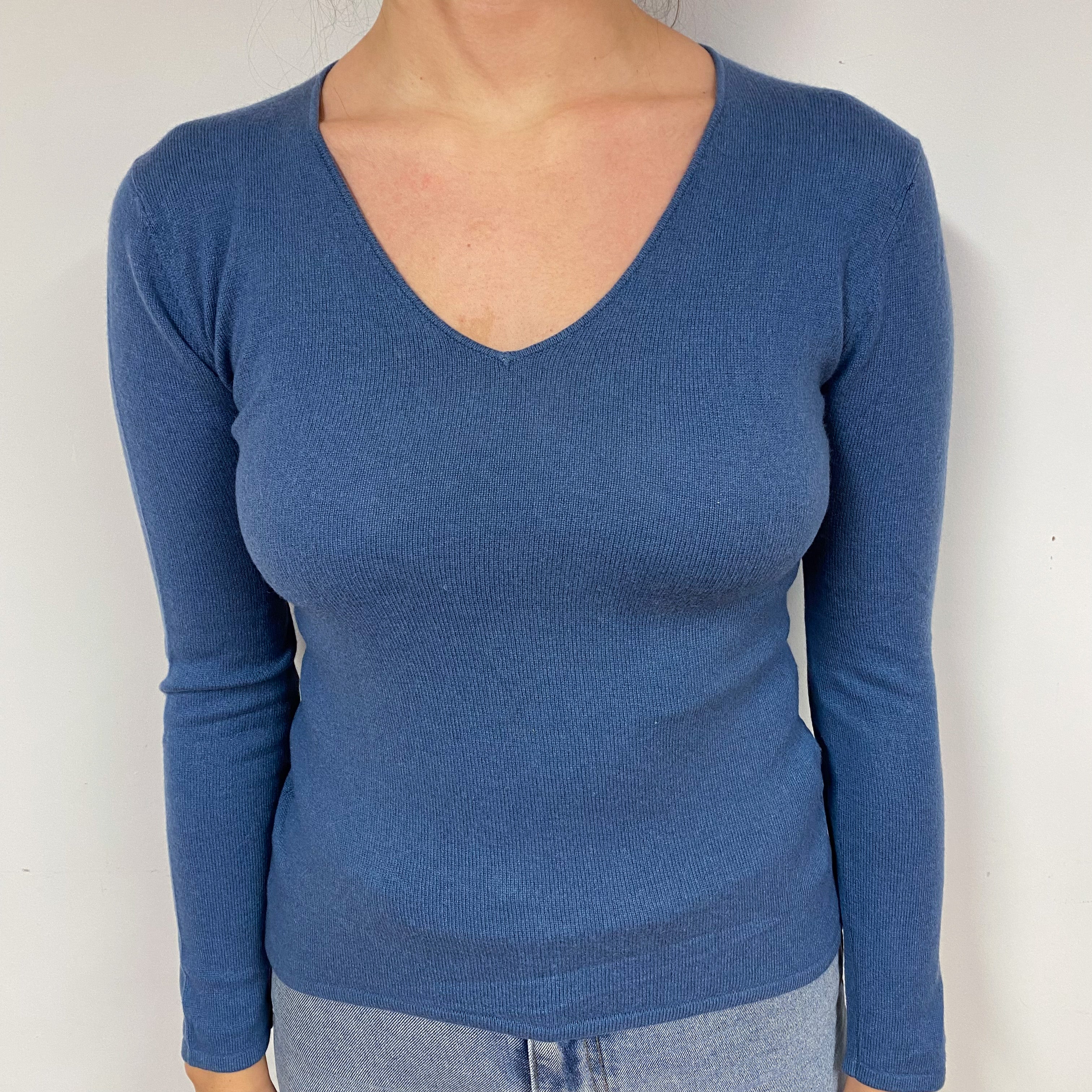 Slate Blue Cashmere V-Neck Jumper Small