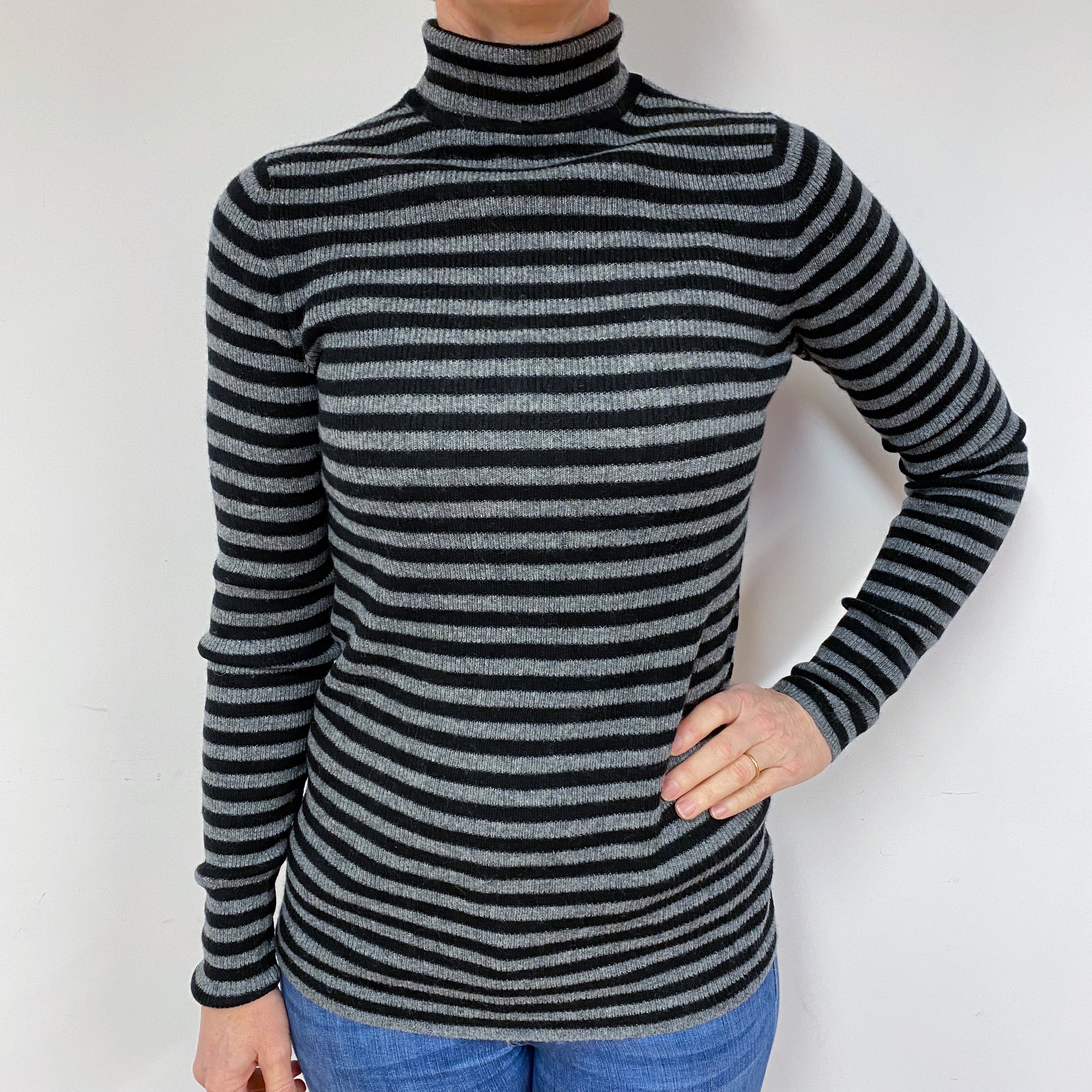 Vince Grey Black Stripe Cashmere Polo Neck Jumper Medium