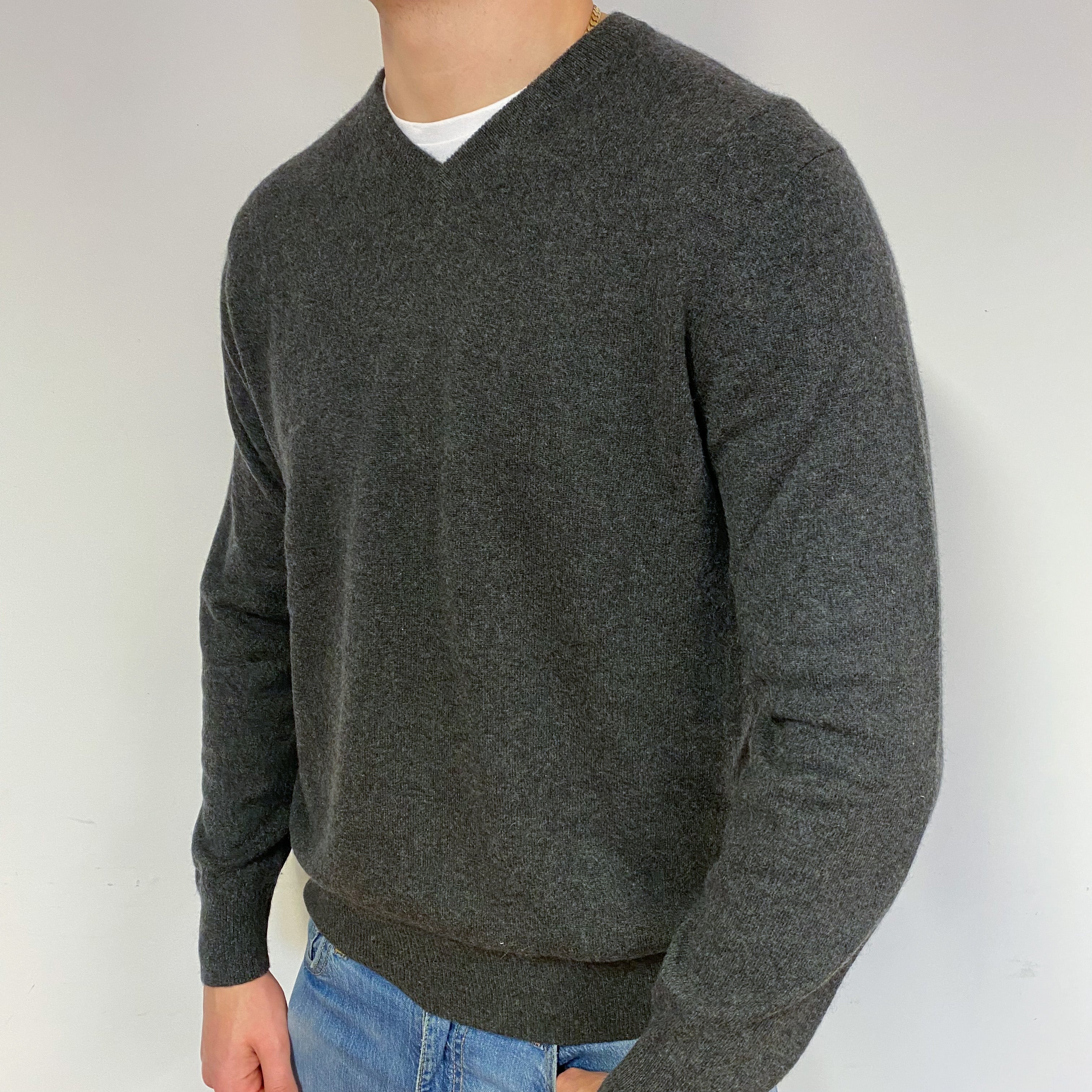 Men's Charcoal Grey Cashmere V-Neck Jumper XL