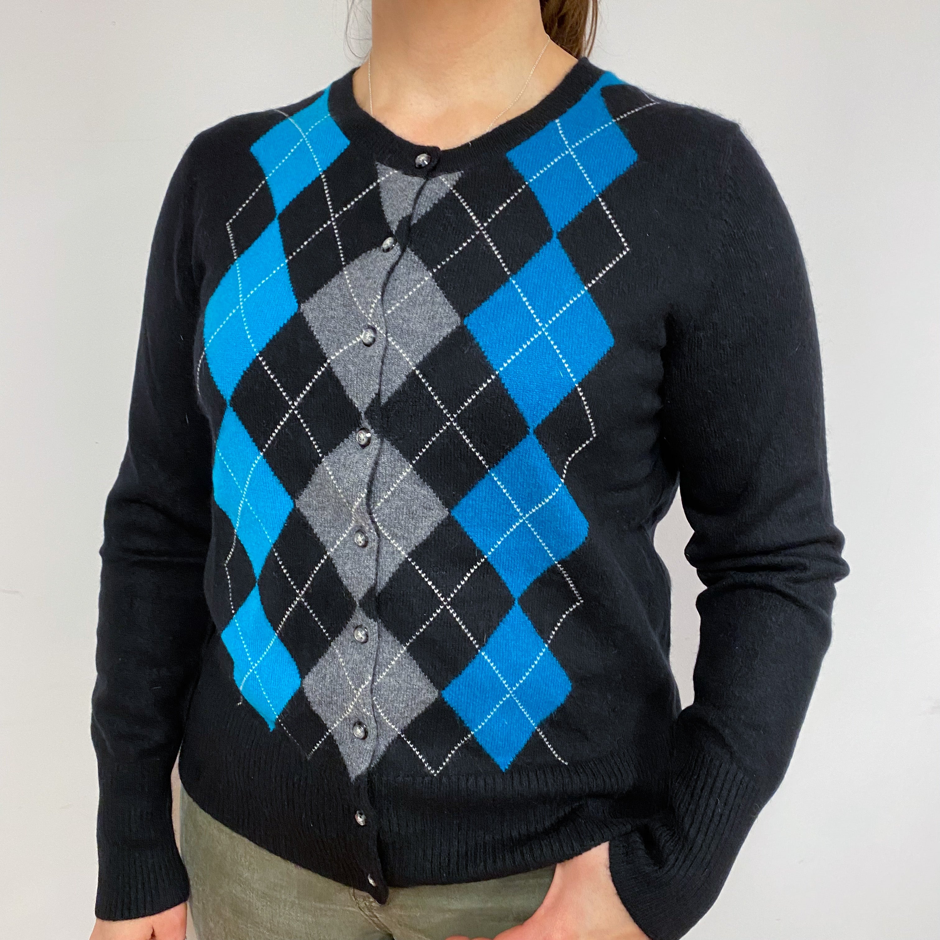 Black & Turquoise Diamond Crew Neck Cardigan Large